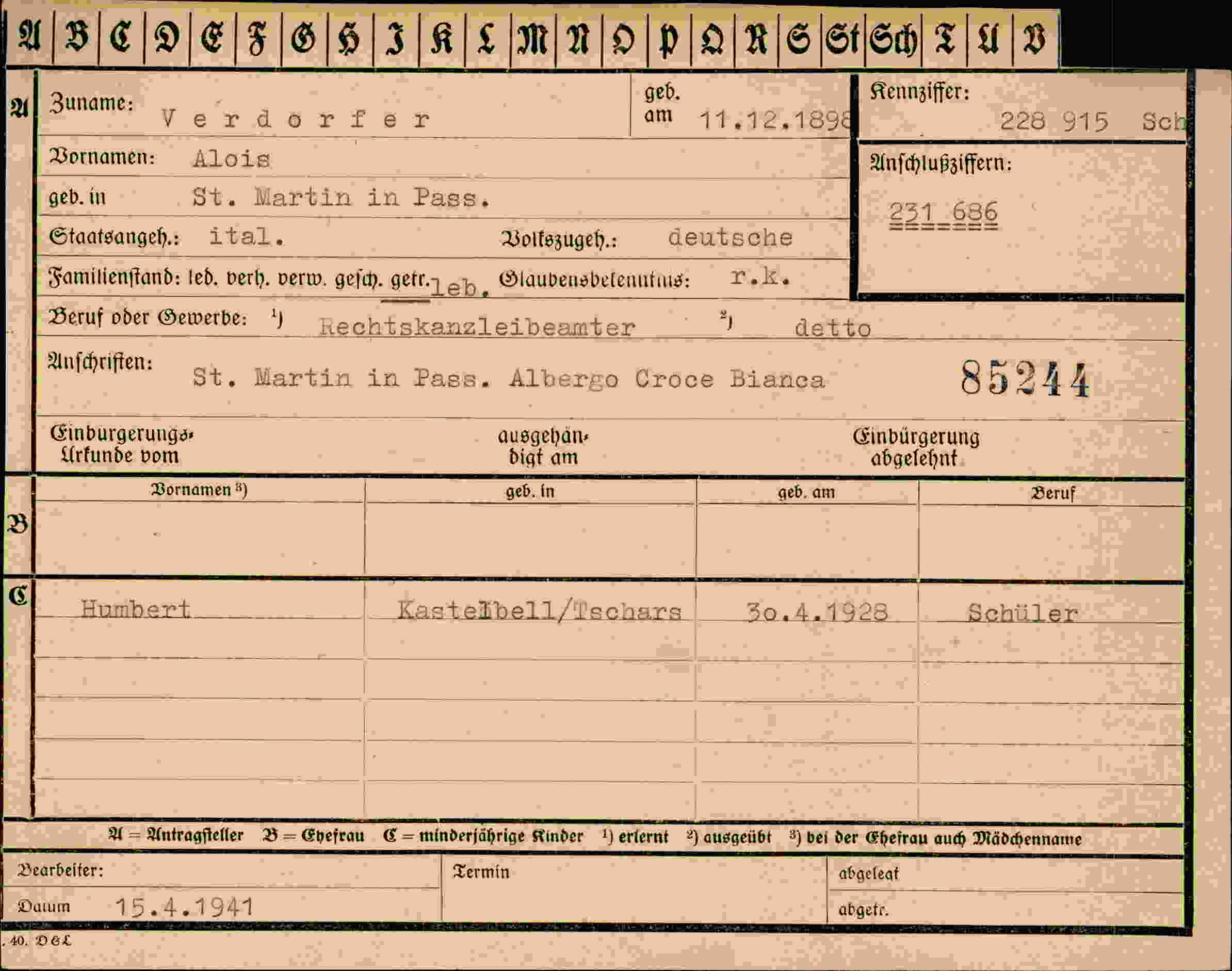 Dokument für Alois Verdorfer