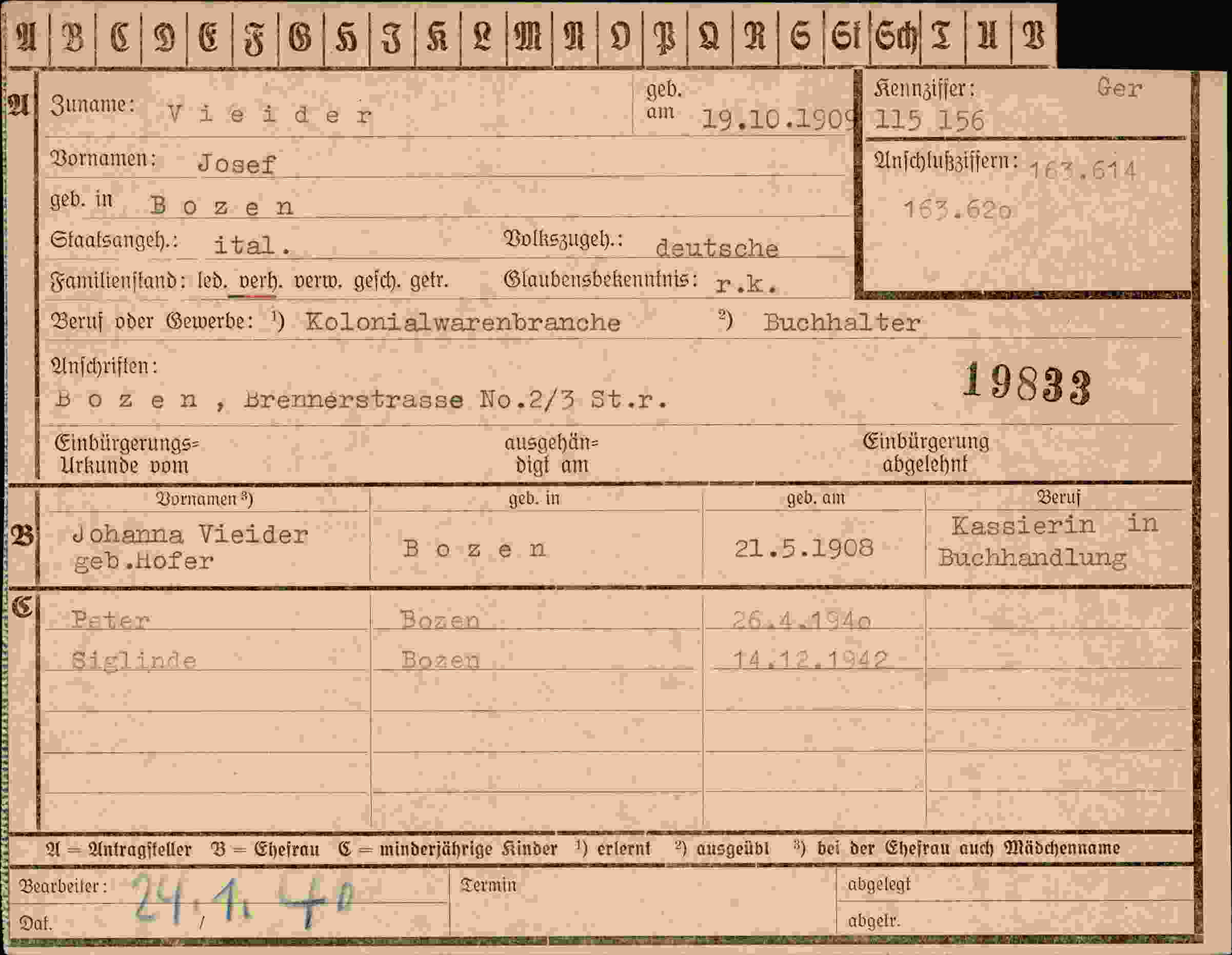 Dokument für Josef Vieider