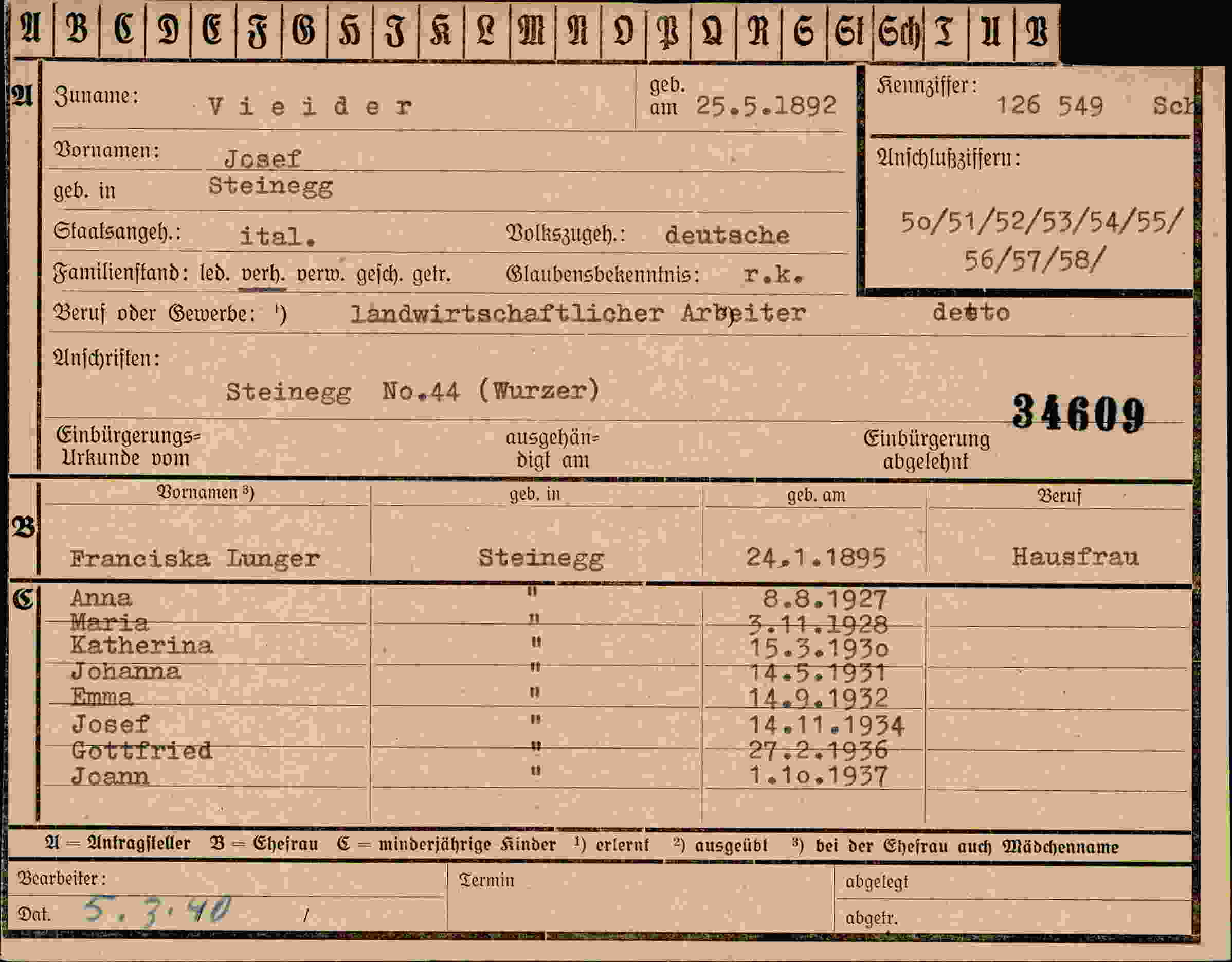 Dokument für Josef Vieider