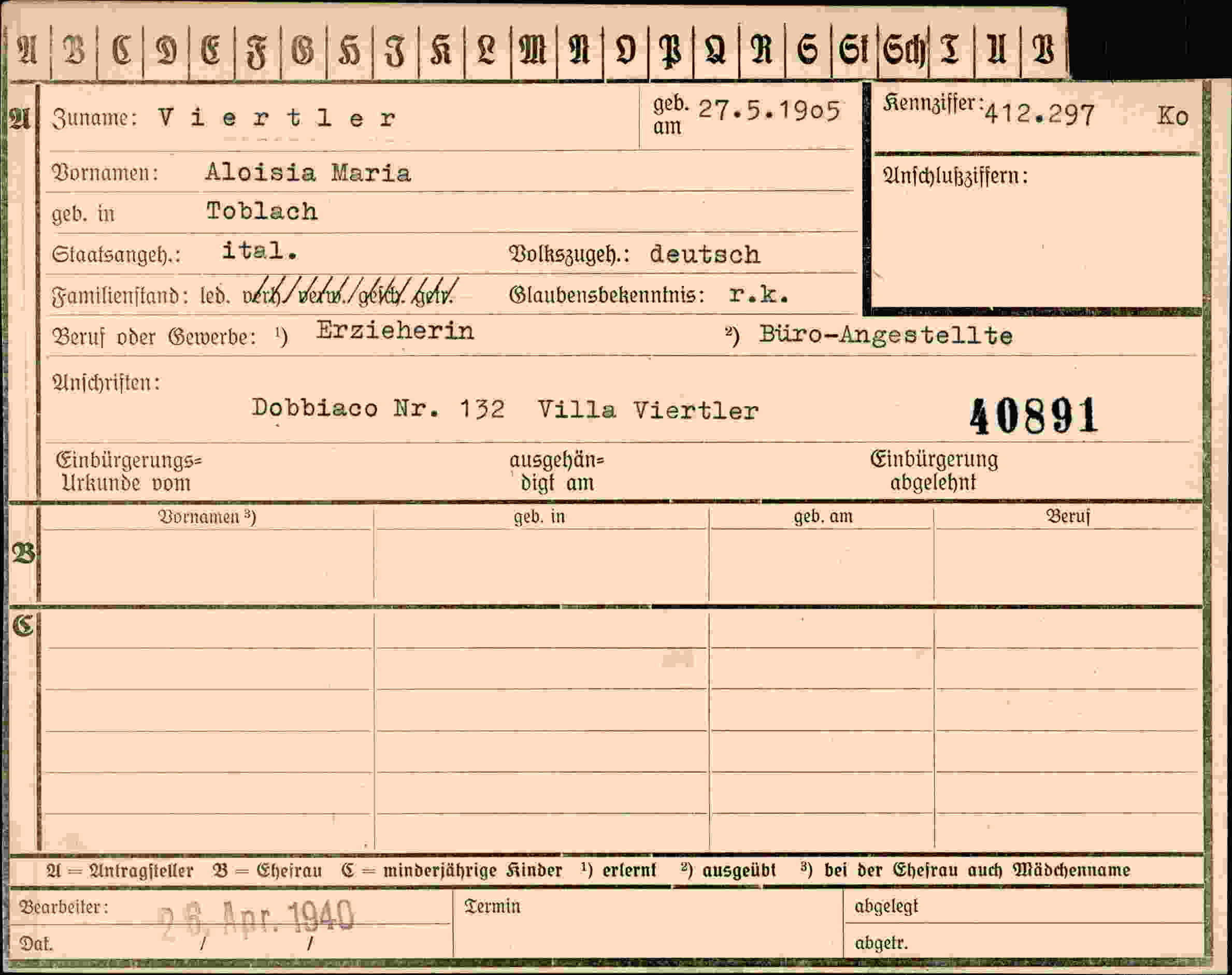 Dokument für Aloisia Maria Viertler