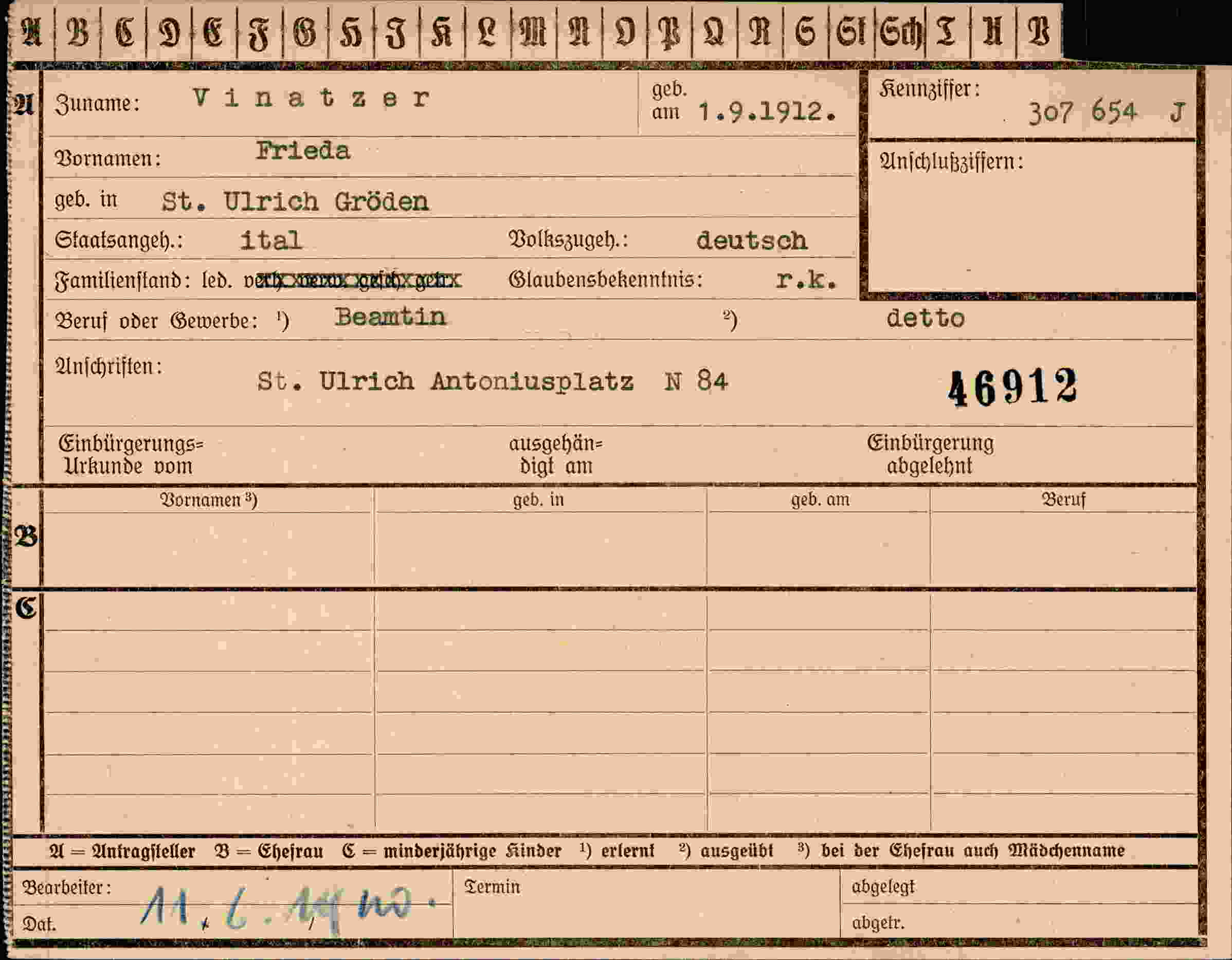 Dokument für Frieda Vinatzer