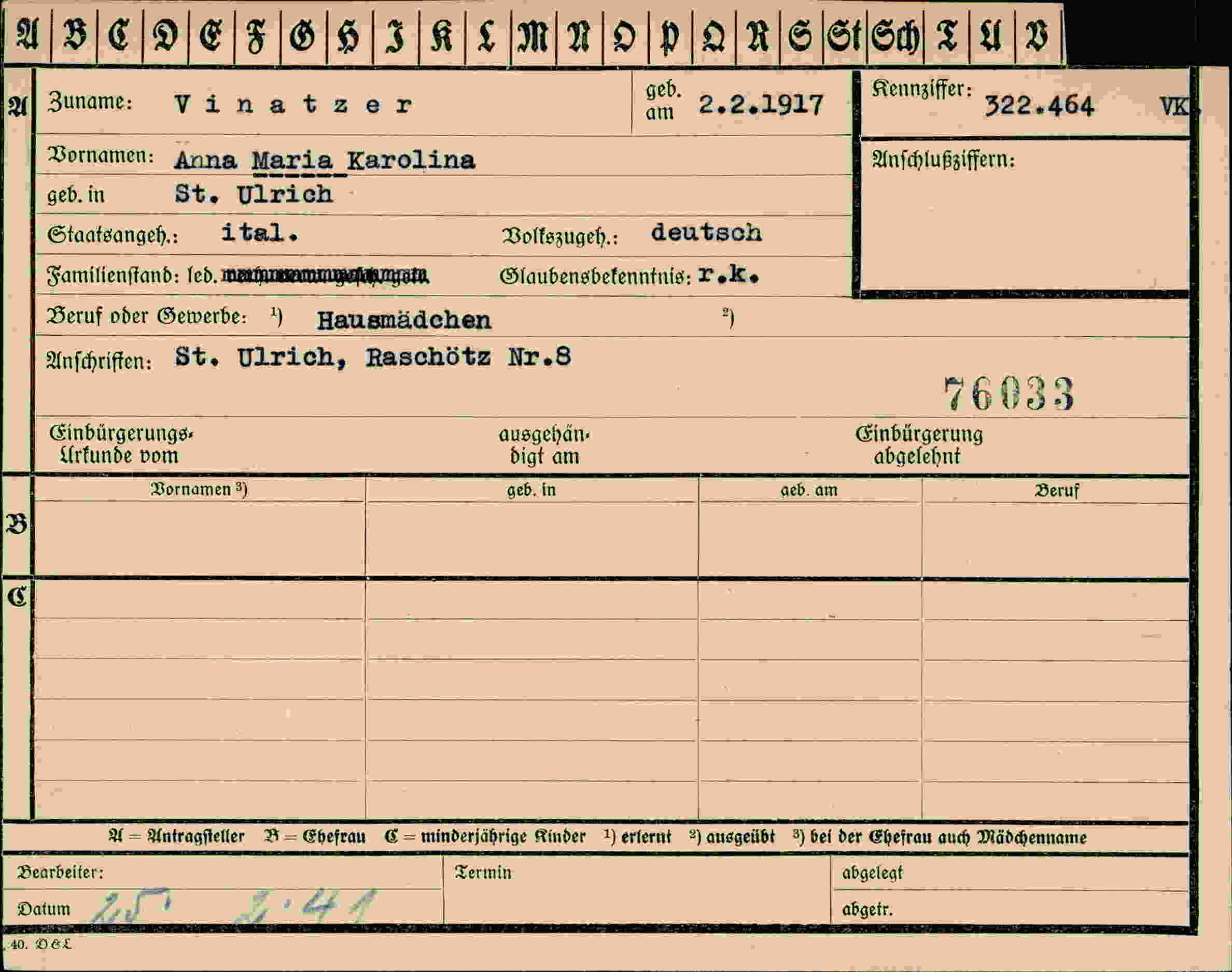 Dokument für Anna Maria Karolina Vinatzer