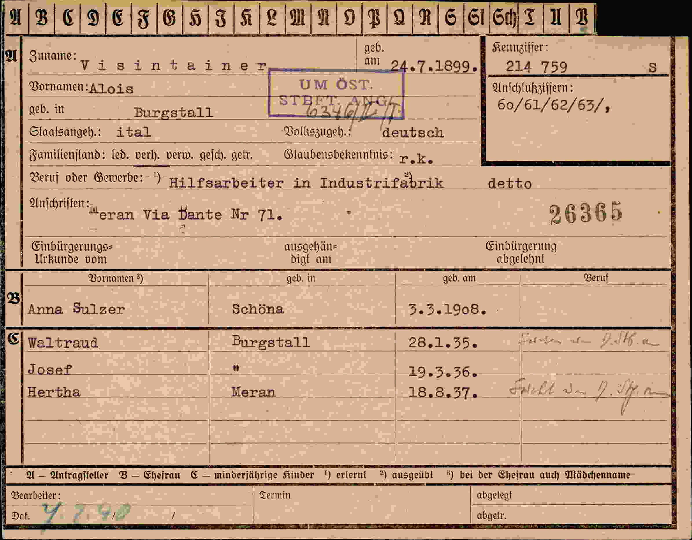 Dokument für Alois Visintainer