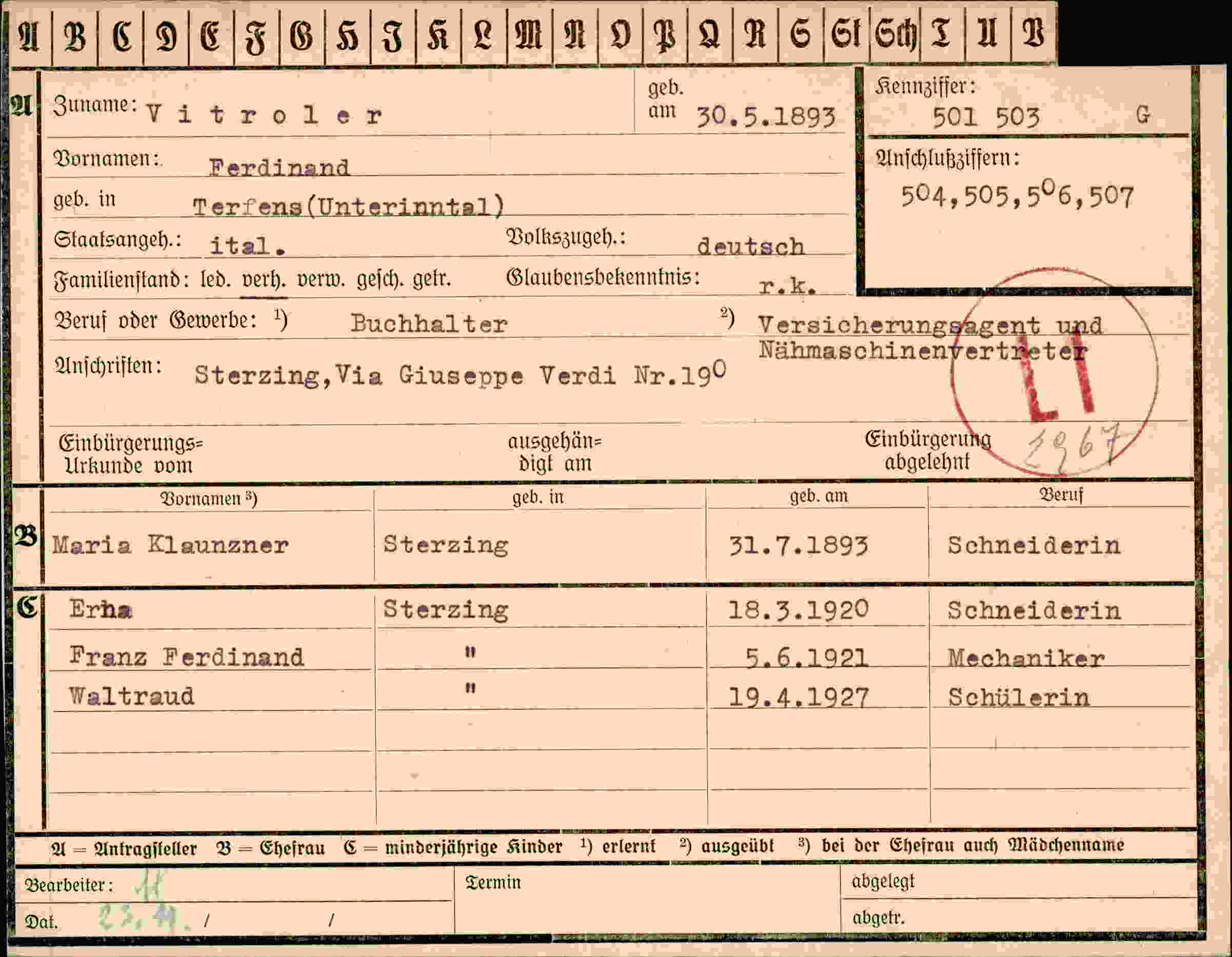 Dokument für Ferdinand Vitroler