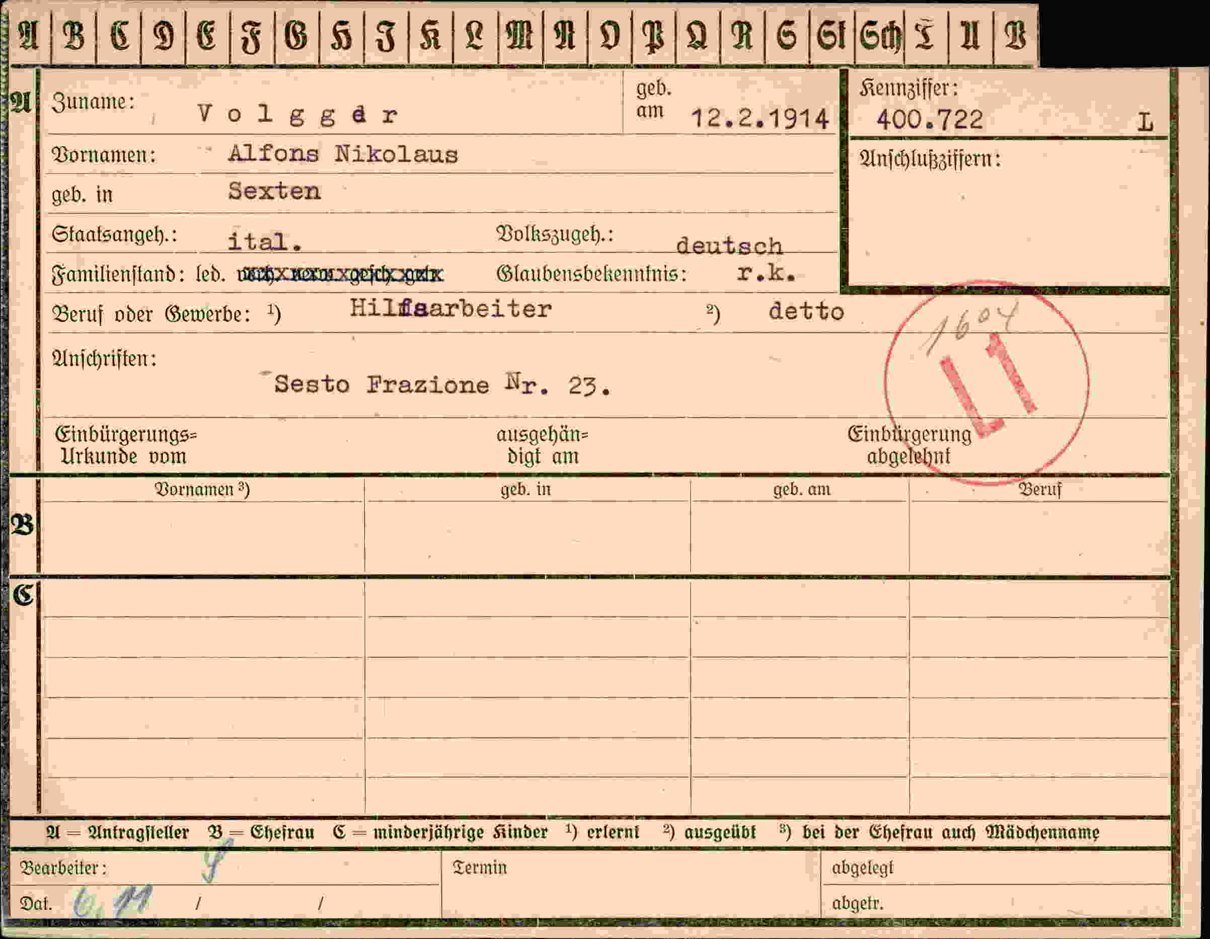Dokument für Alfred Nikolaus Volgger