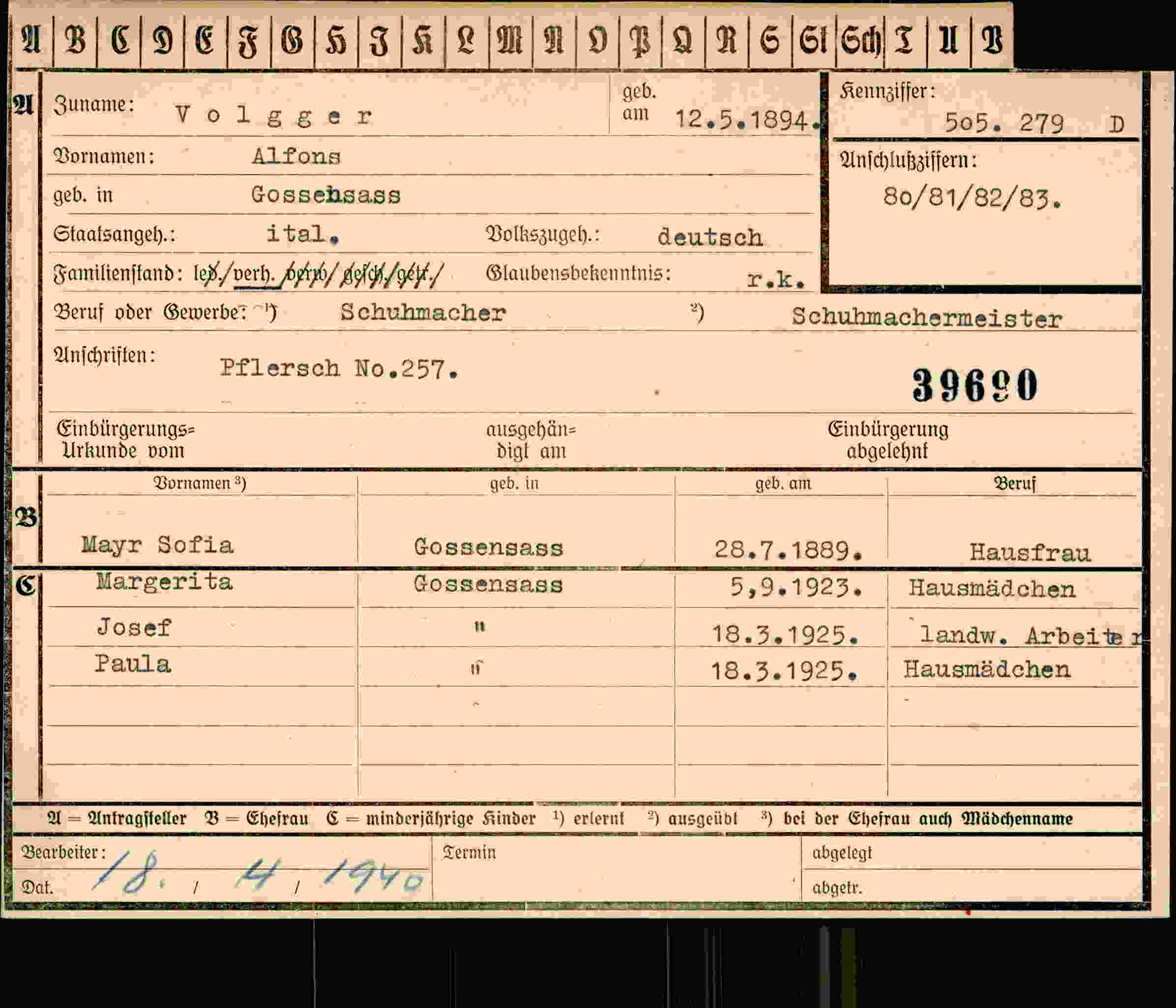 Dokument für Alfons Volgger