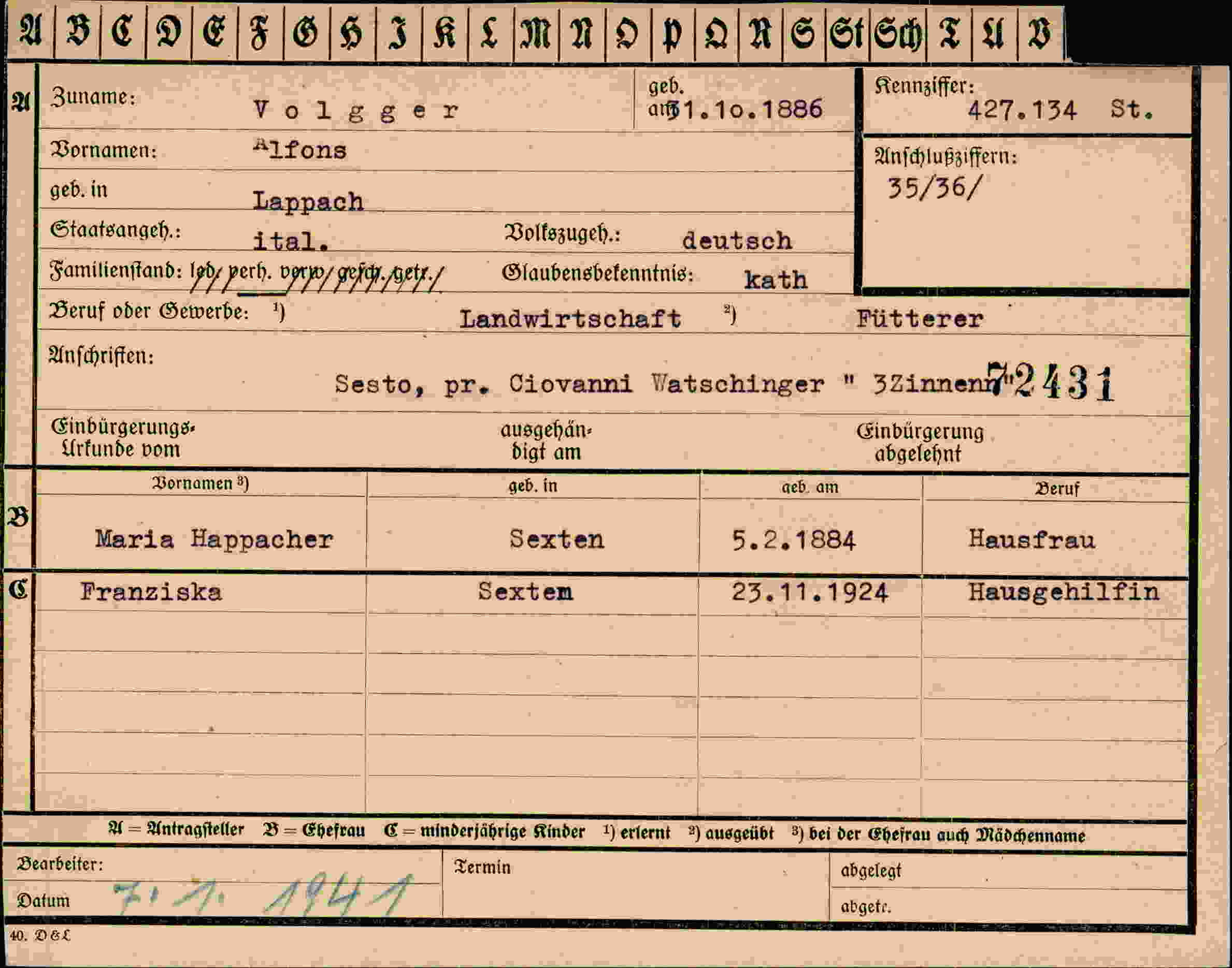 Dokument für Alfons Volgger