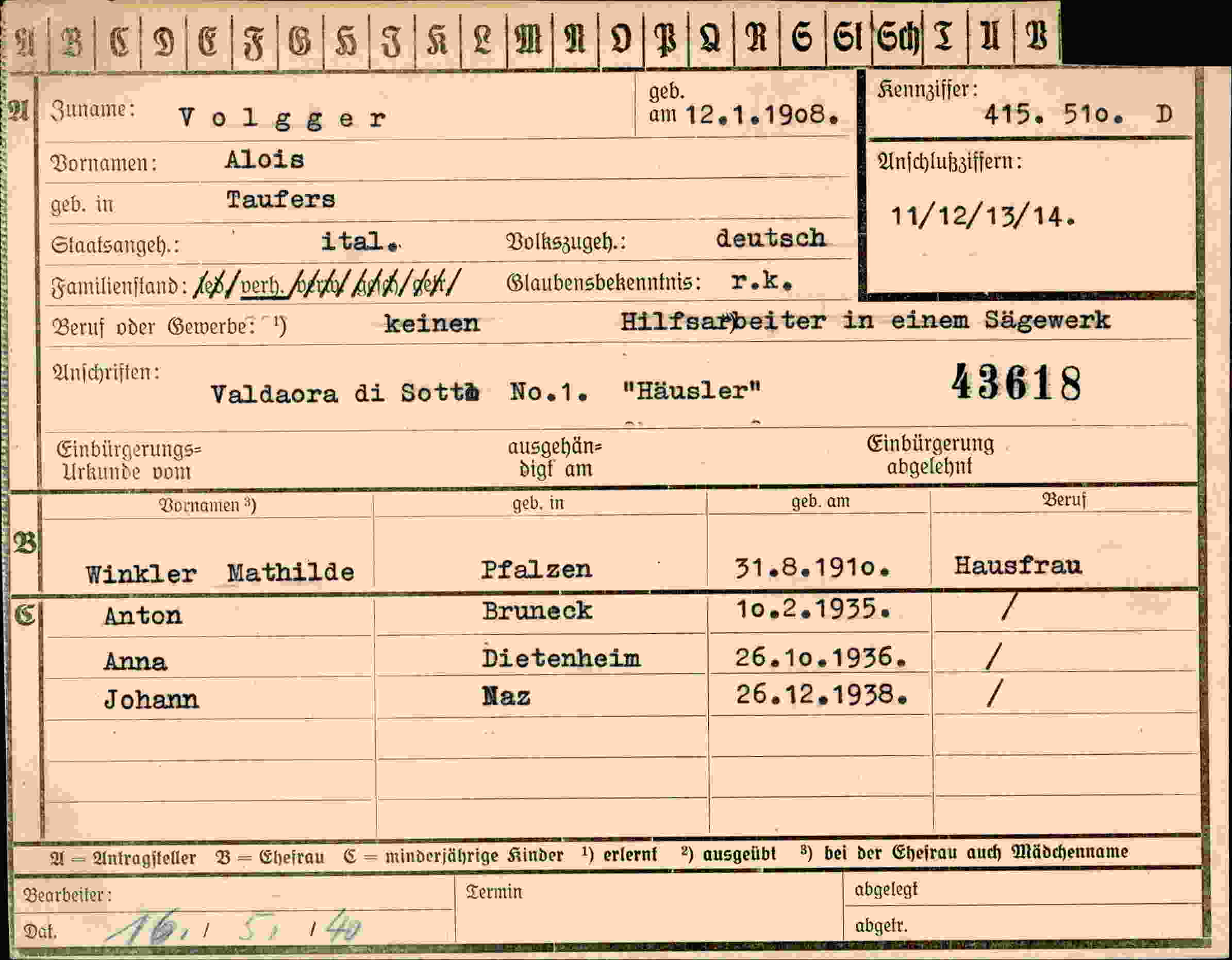 Dokument für Alois Volgger