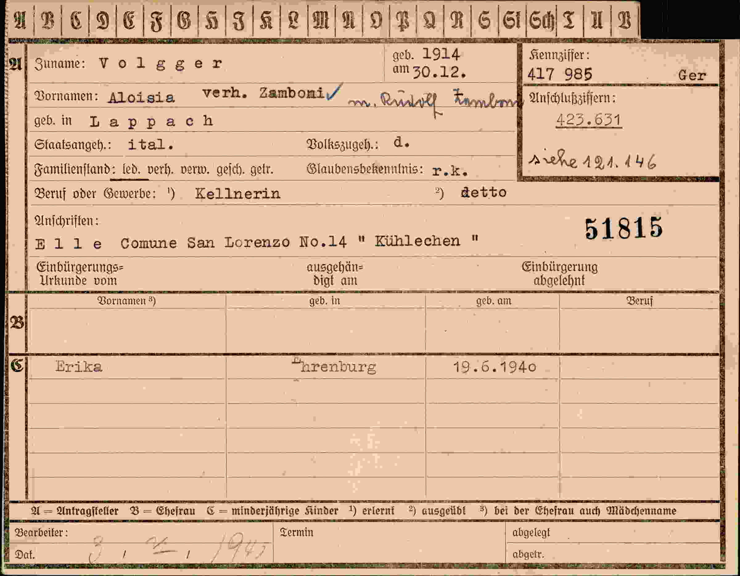 Dokument für Aloisia Volgger