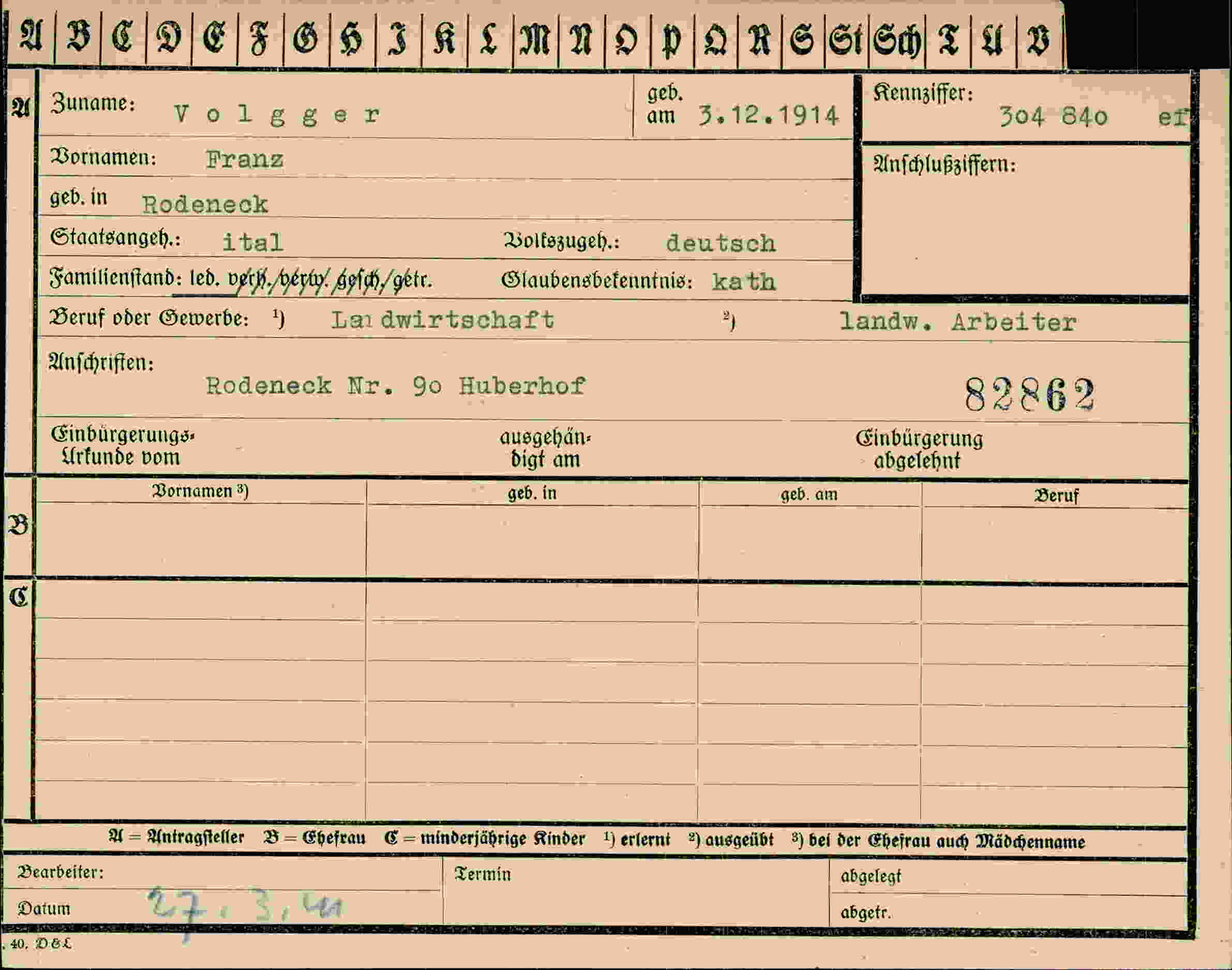 Dokument für Franz Volgger