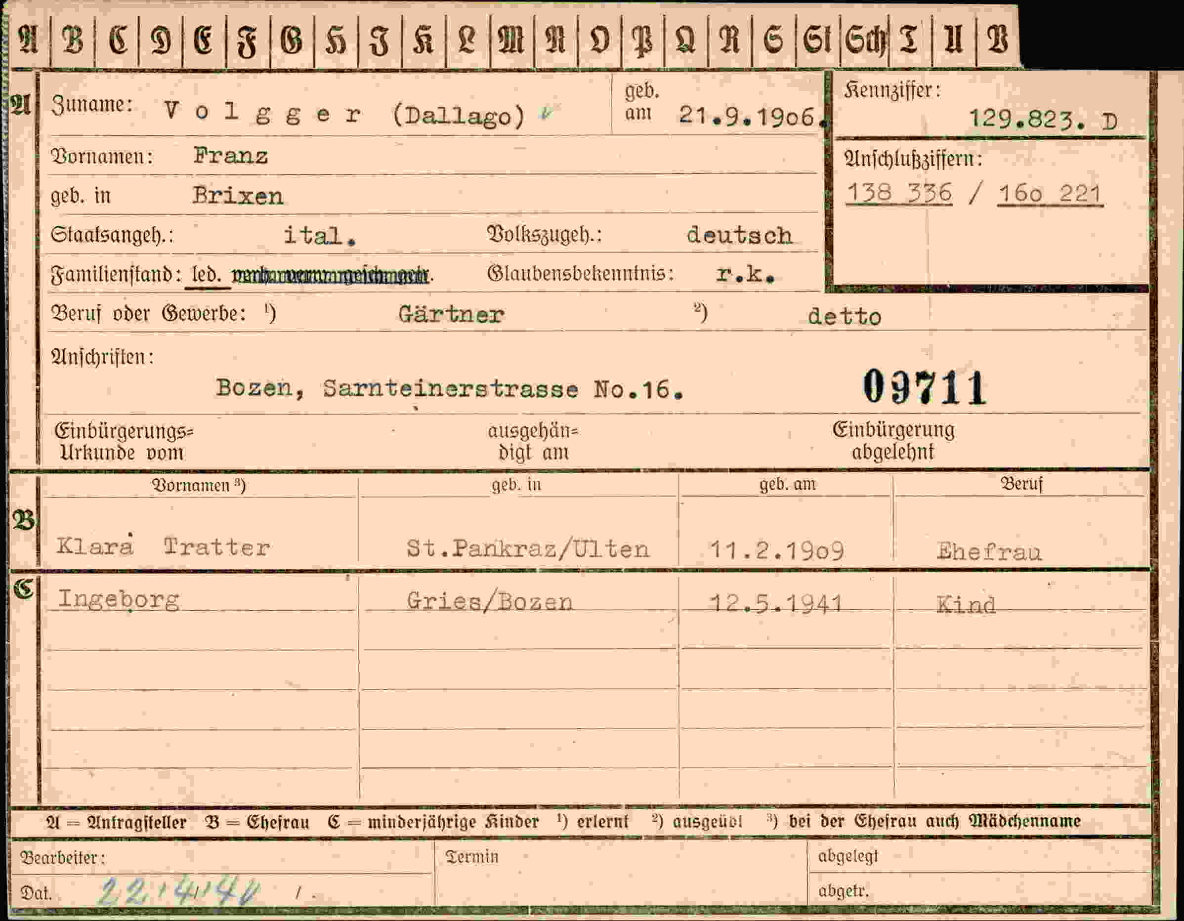 Dokument für Franz Volgger