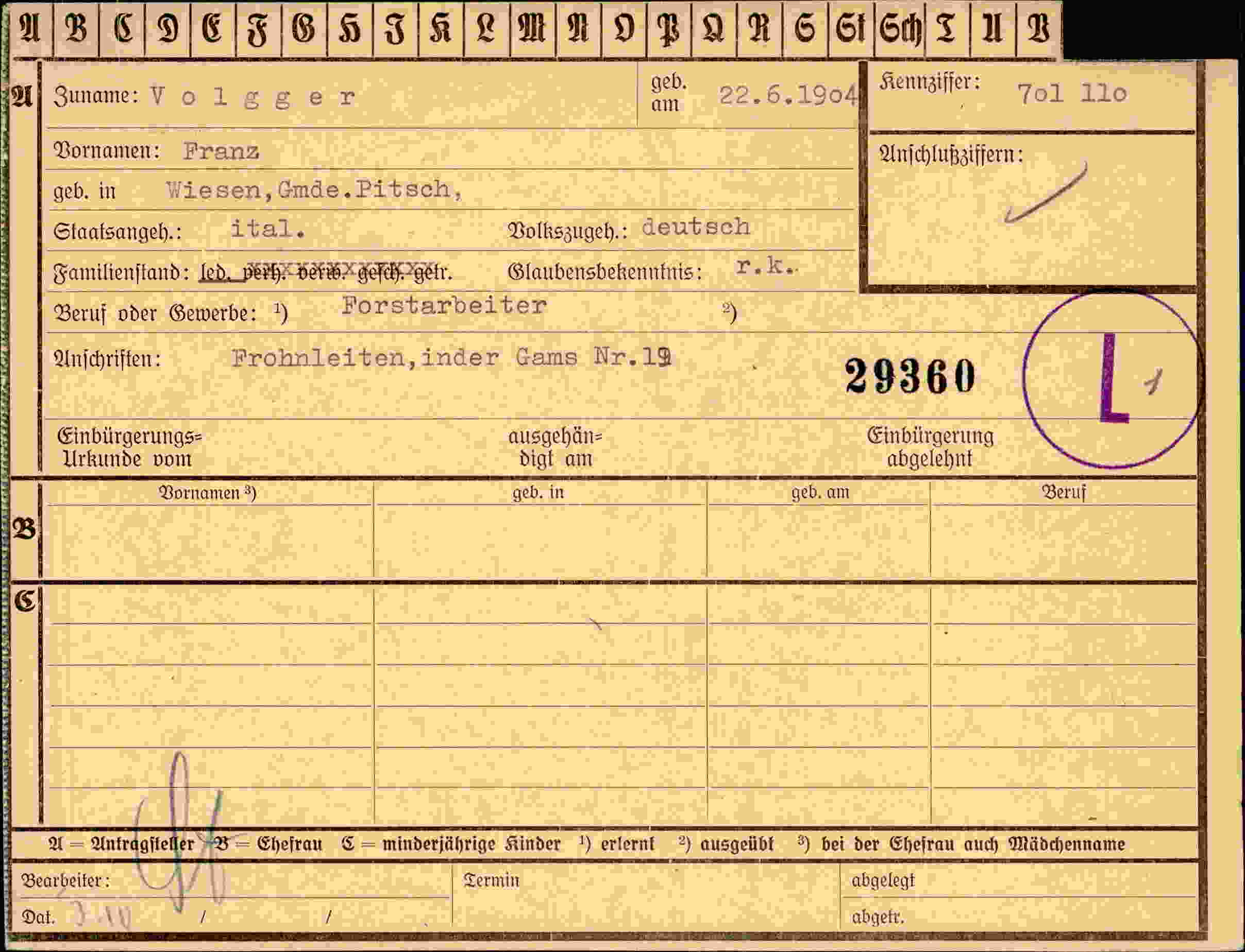 Dokument für Franz Volgger