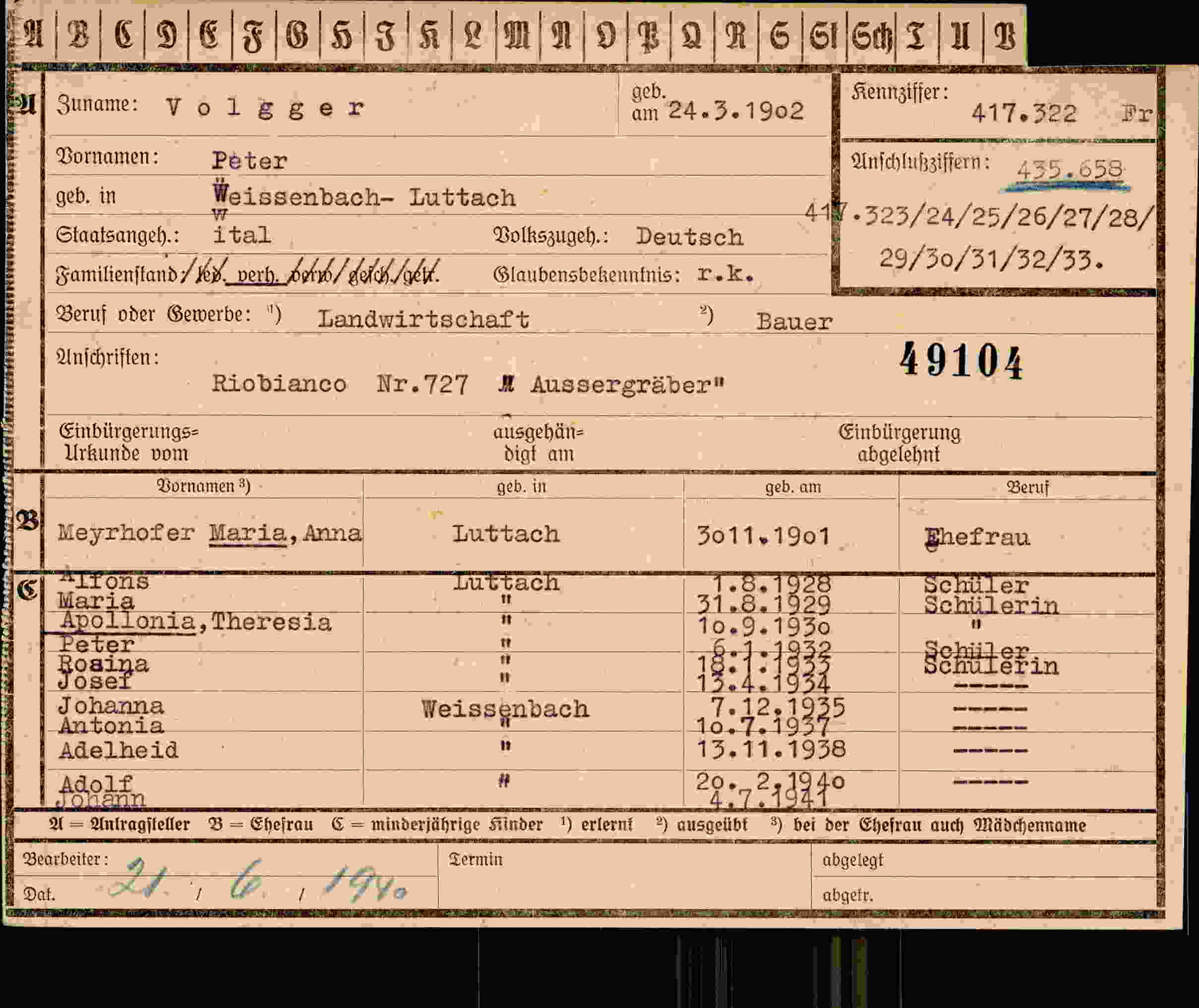 Dokument für Peter Volgger