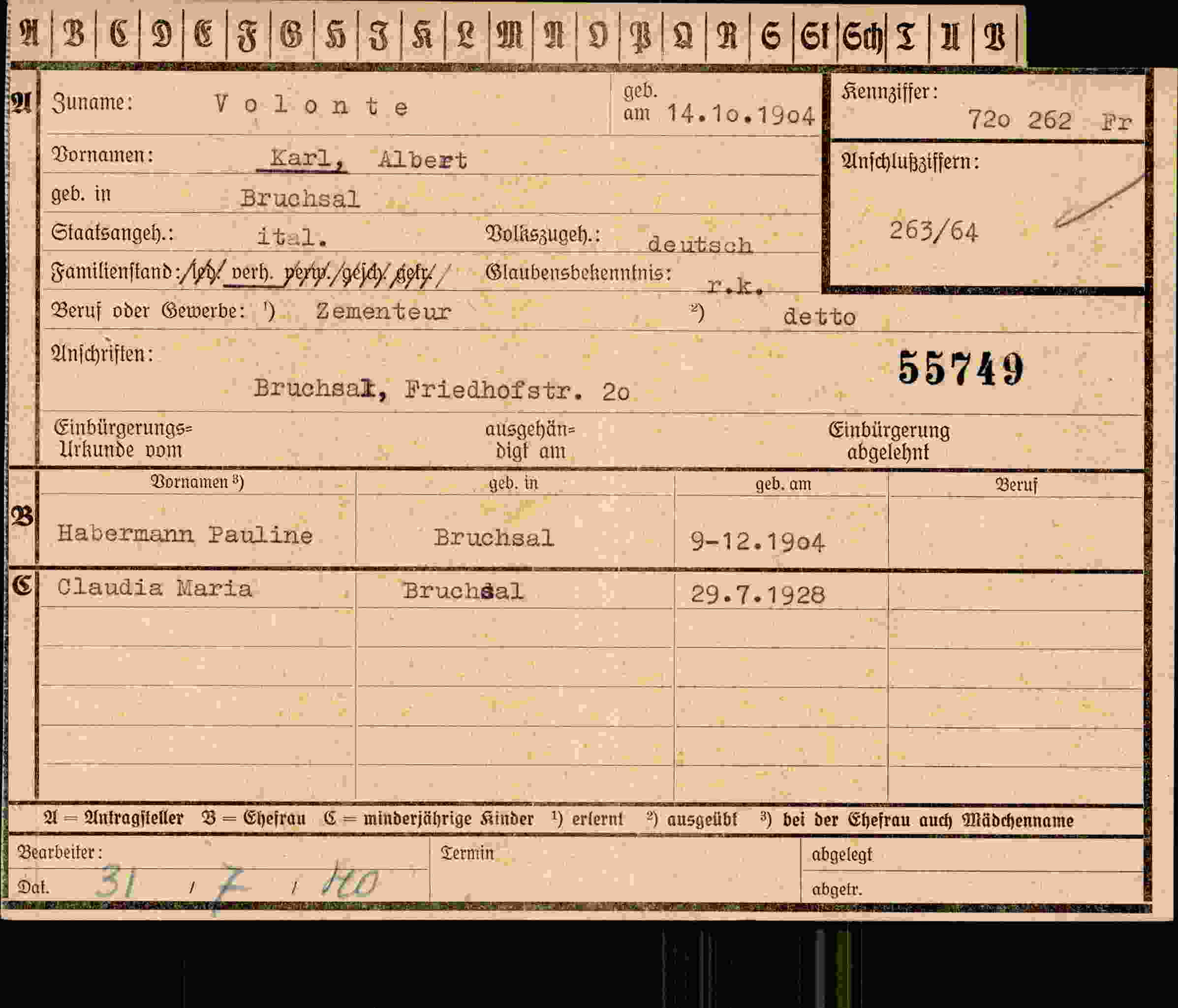 Dokument für Karl Albert Volonte