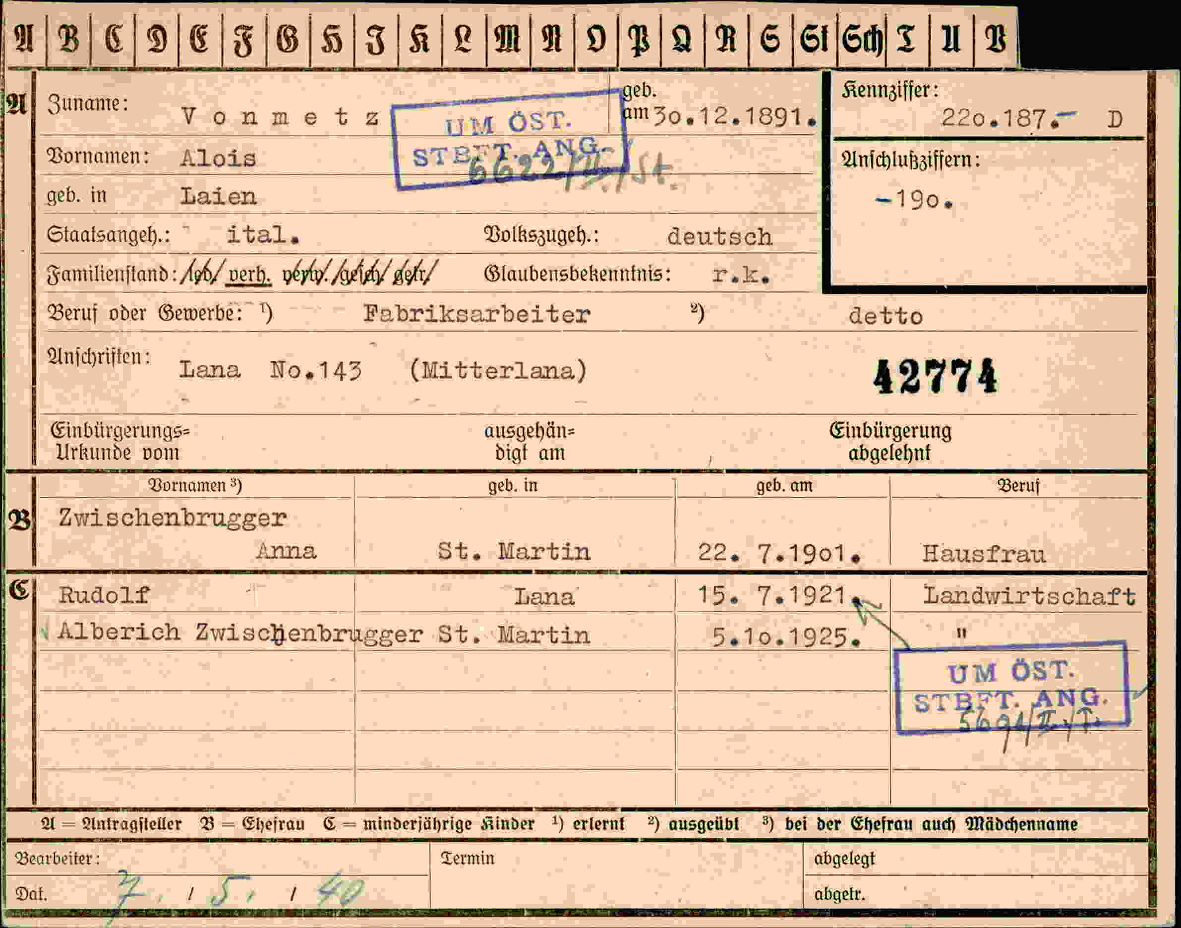 Dokument für Alois Vonmetz