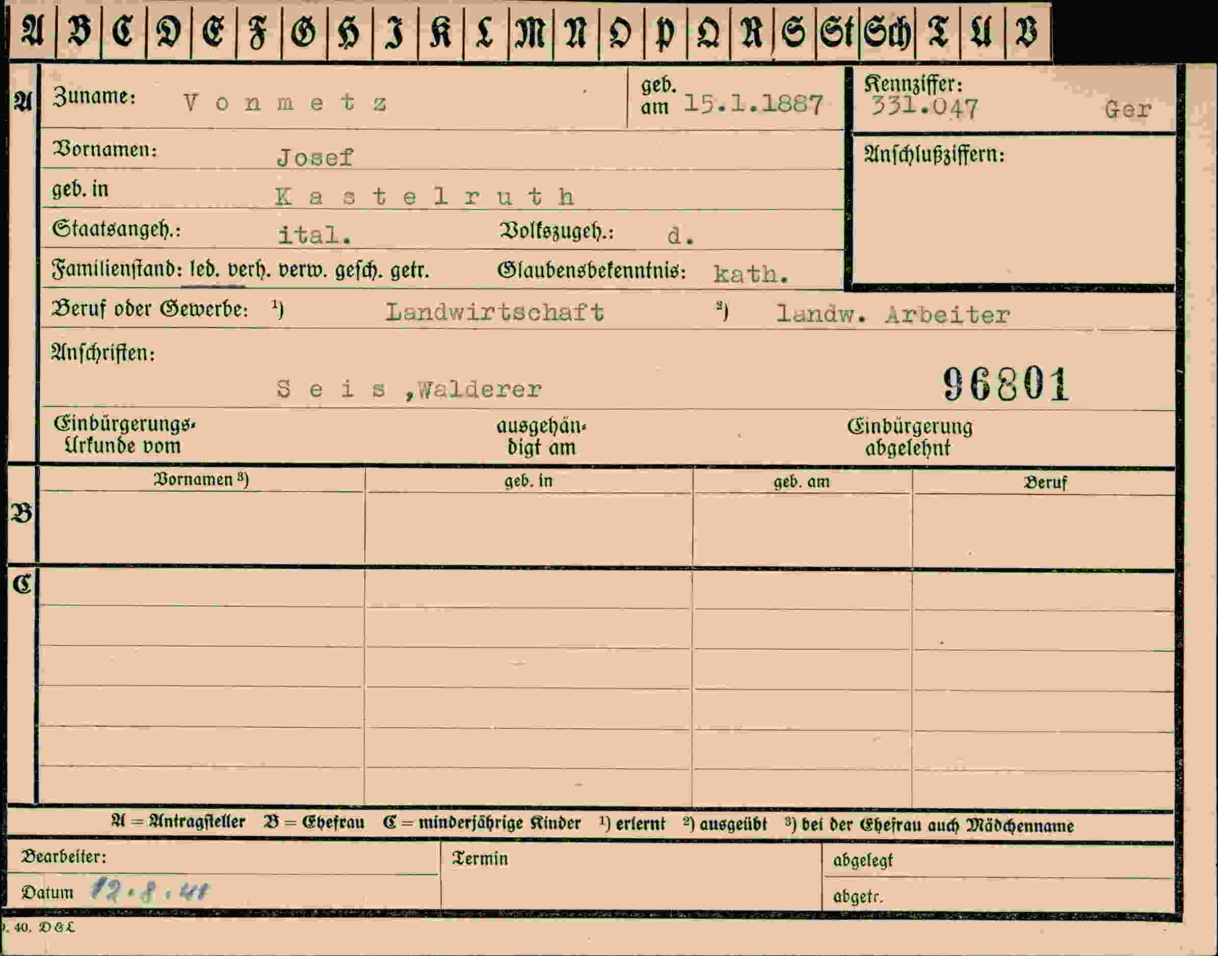 Dokument für Josef Vonmetz