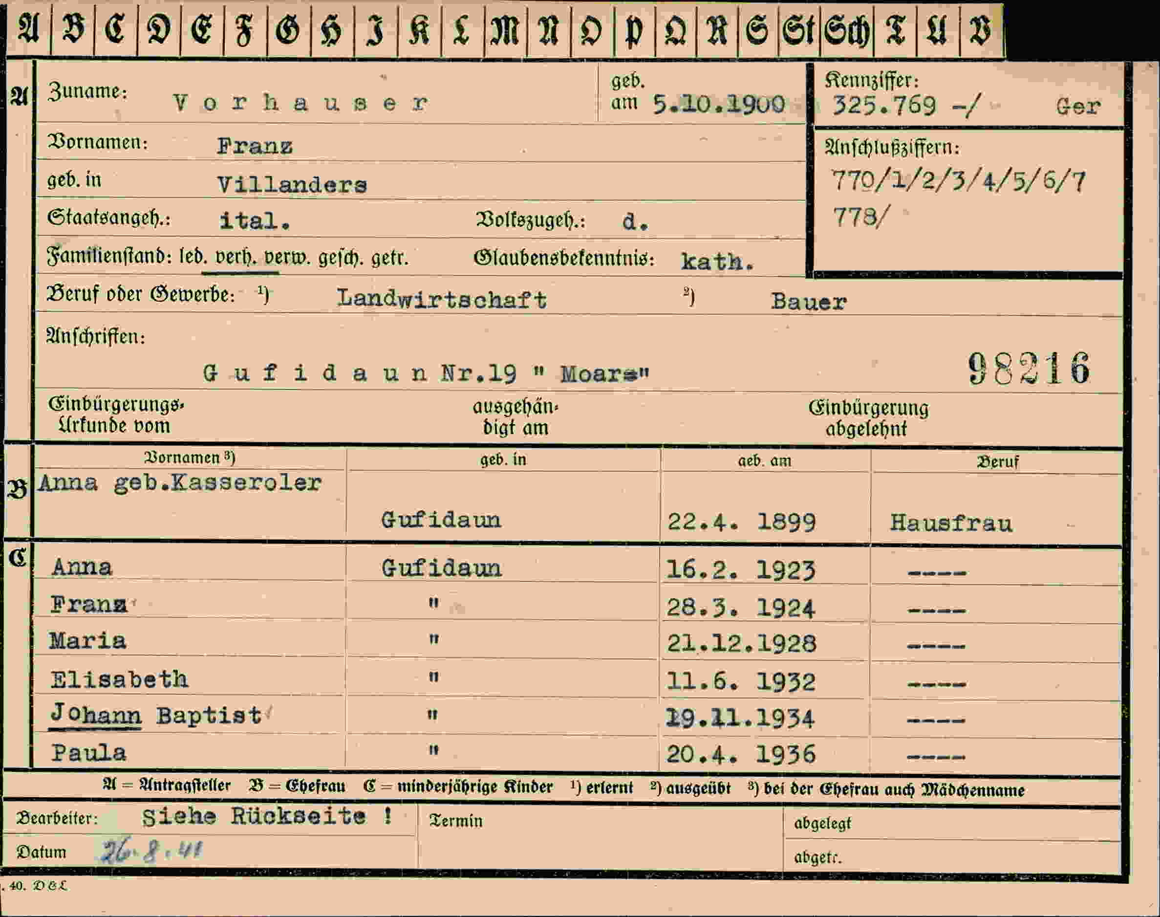 Dokument für Franz Vorhauser