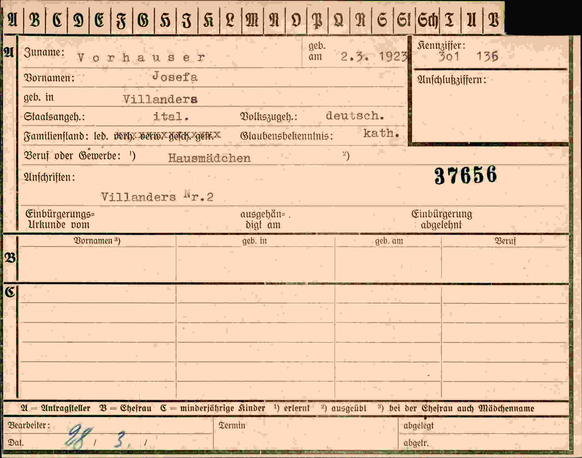 Dokument für Josefa Vorhauser