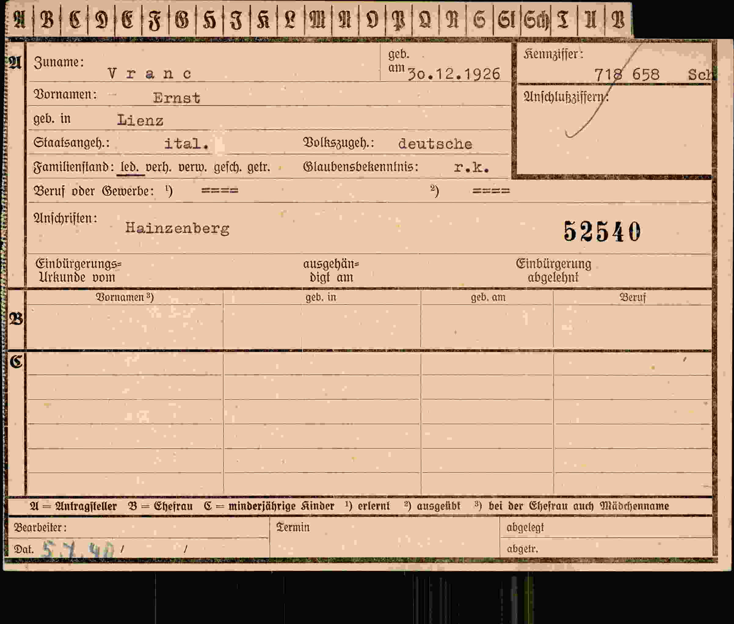 Dokument für Ernst Vrane