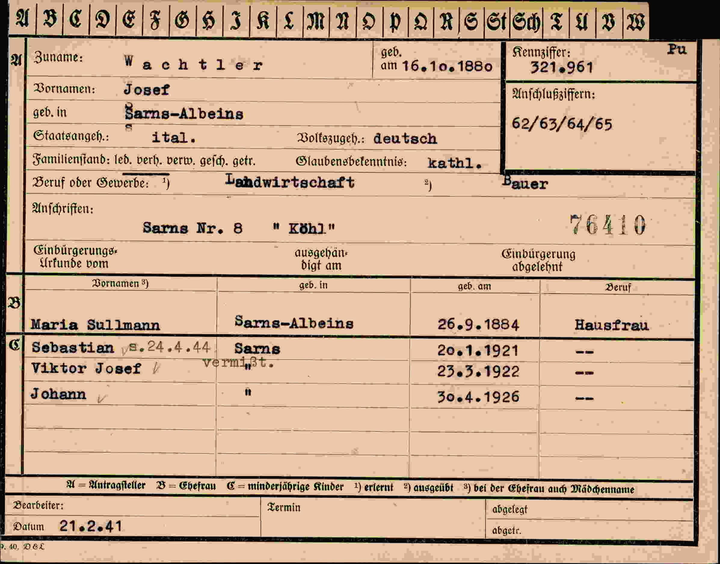 Dokument für Josef Wachtler