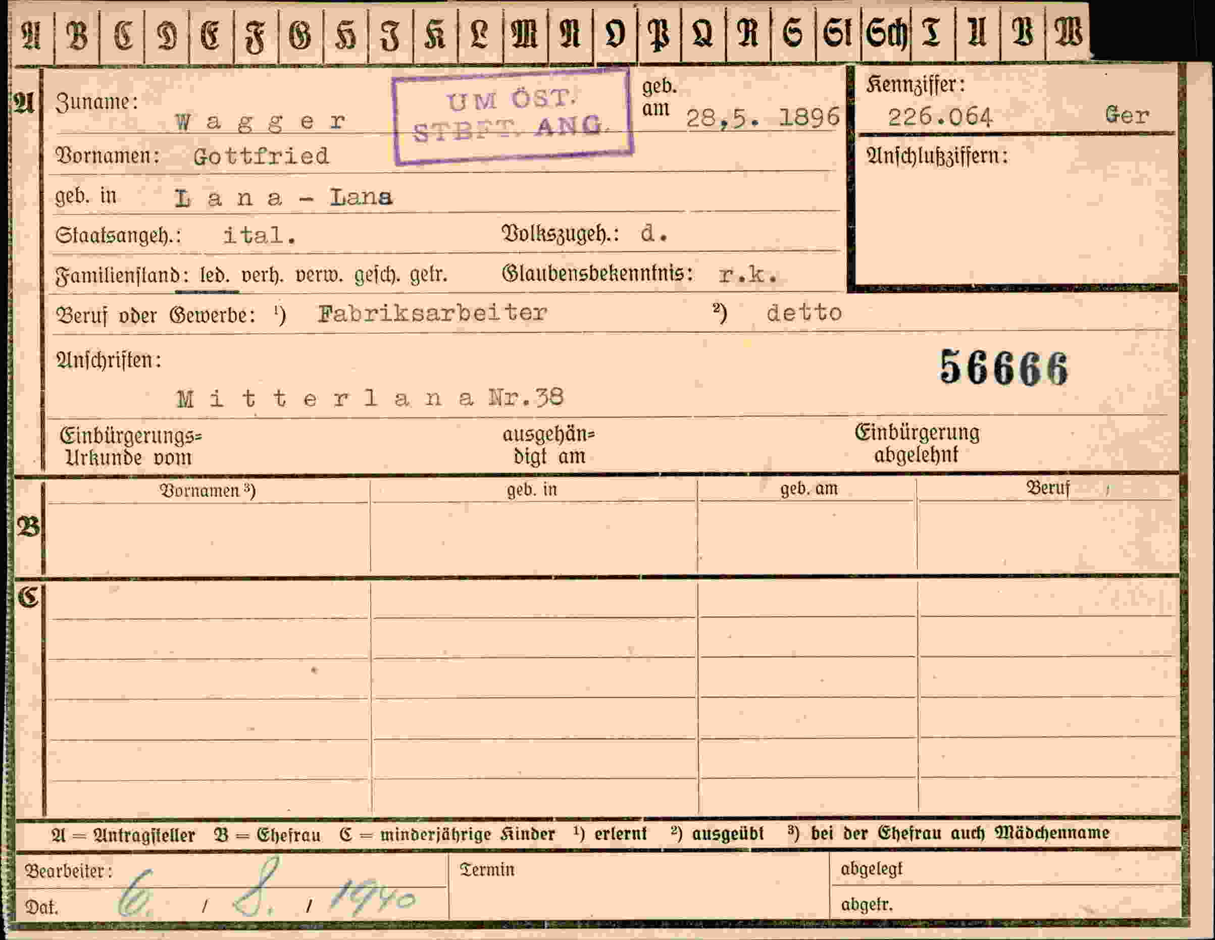 Dokument für Gottfried Wagger