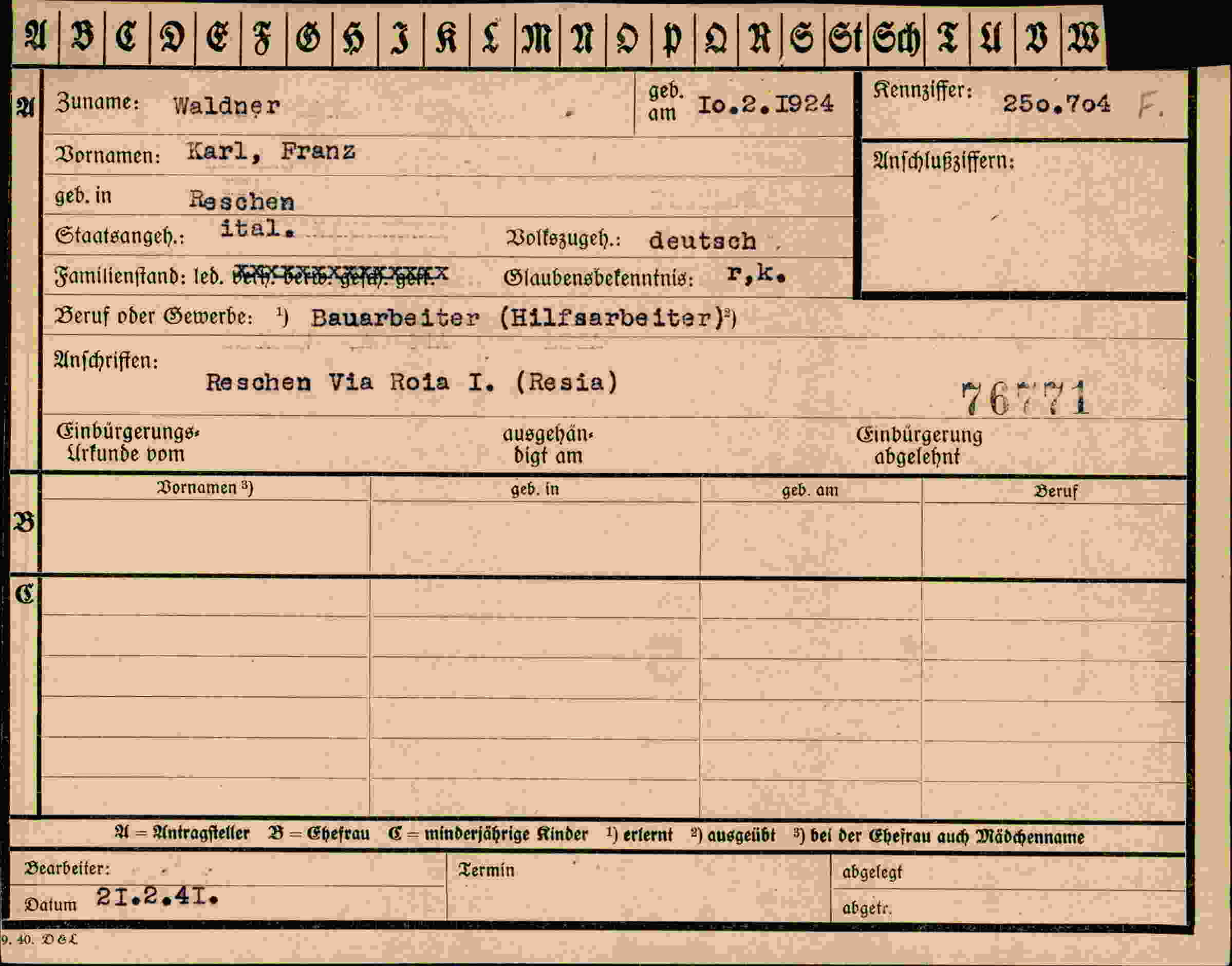 Dokument für Karl Franz Waldner