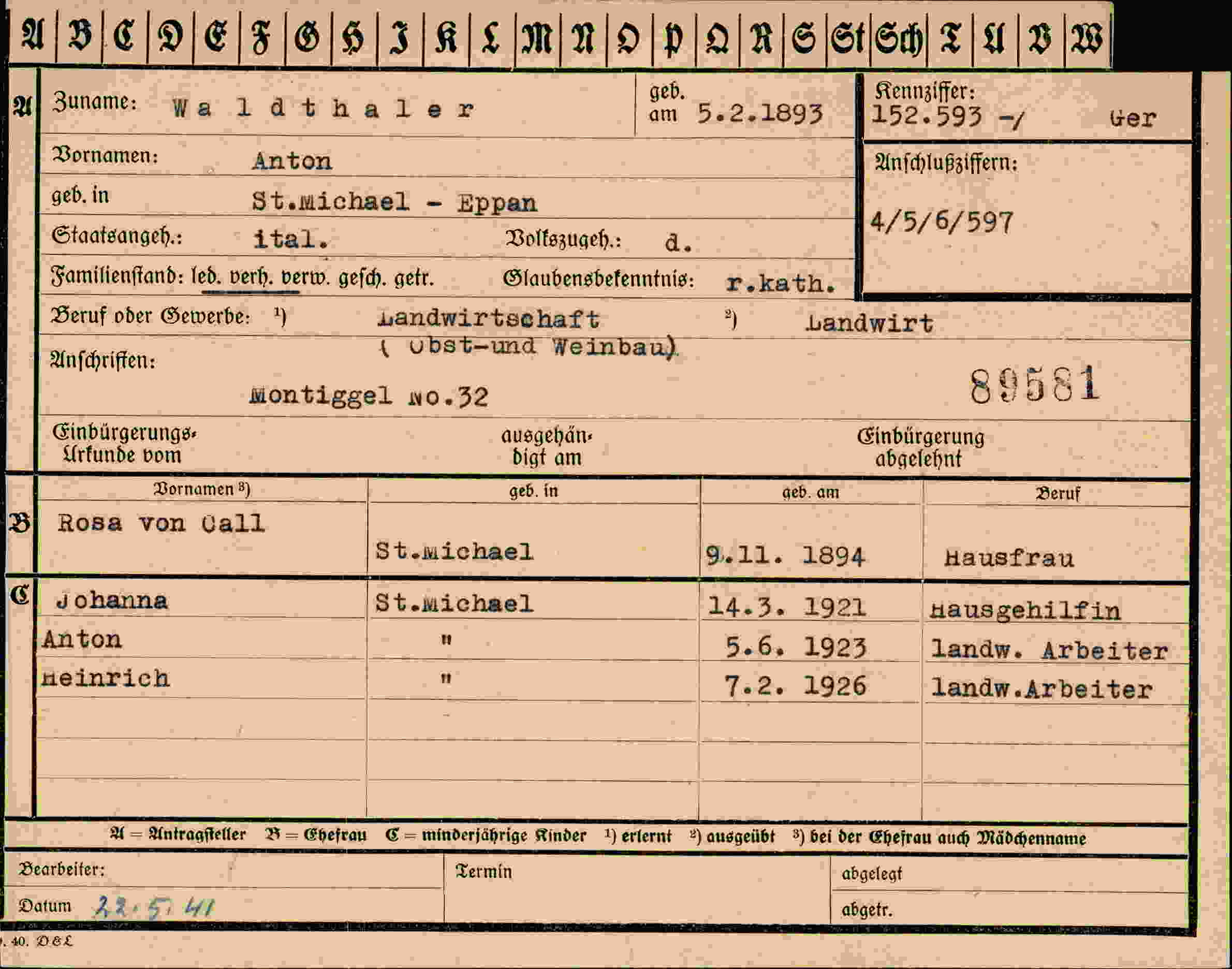 Dokument für Anton Waldthaler