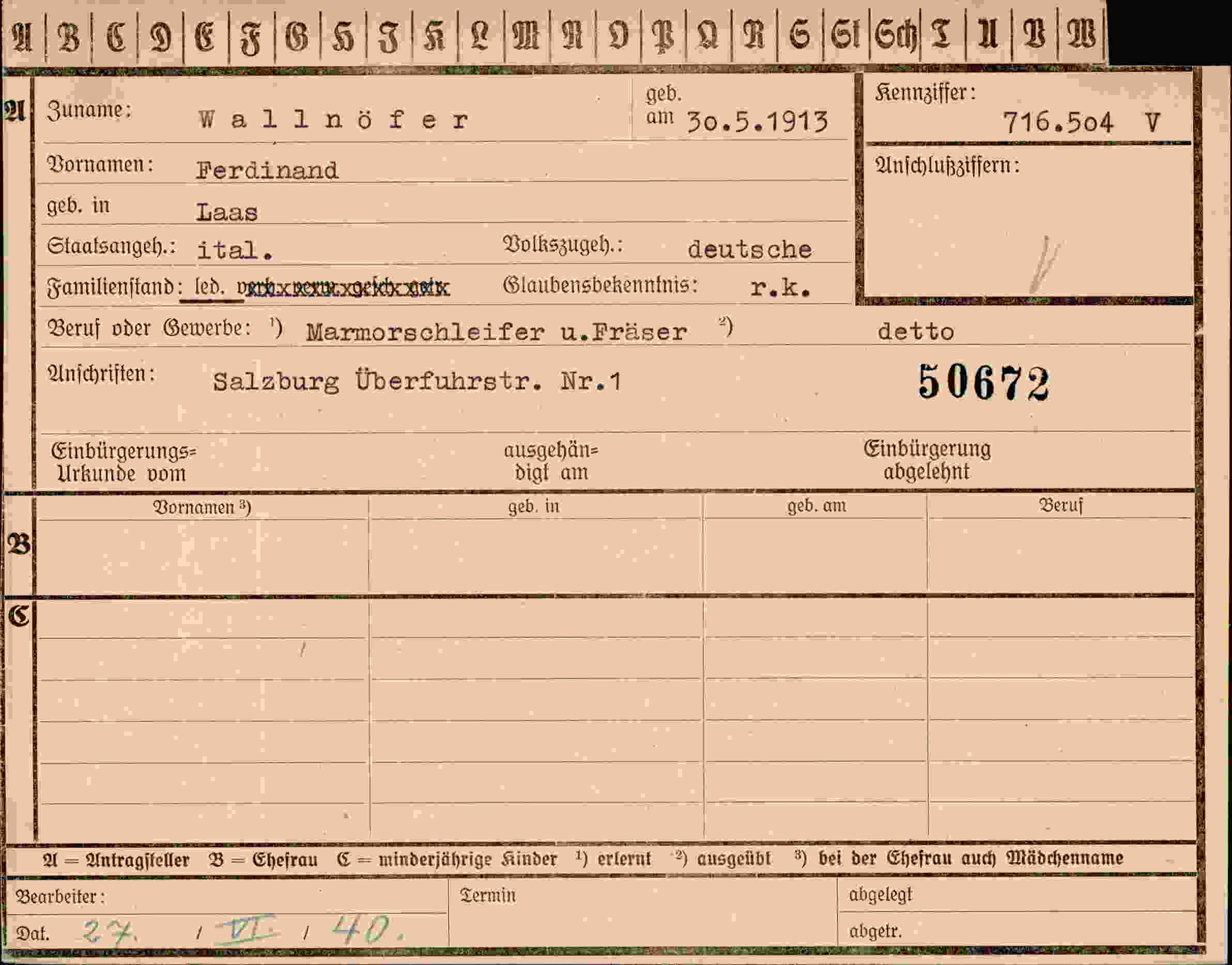 Dokument für Ferdinand Wallnöfer