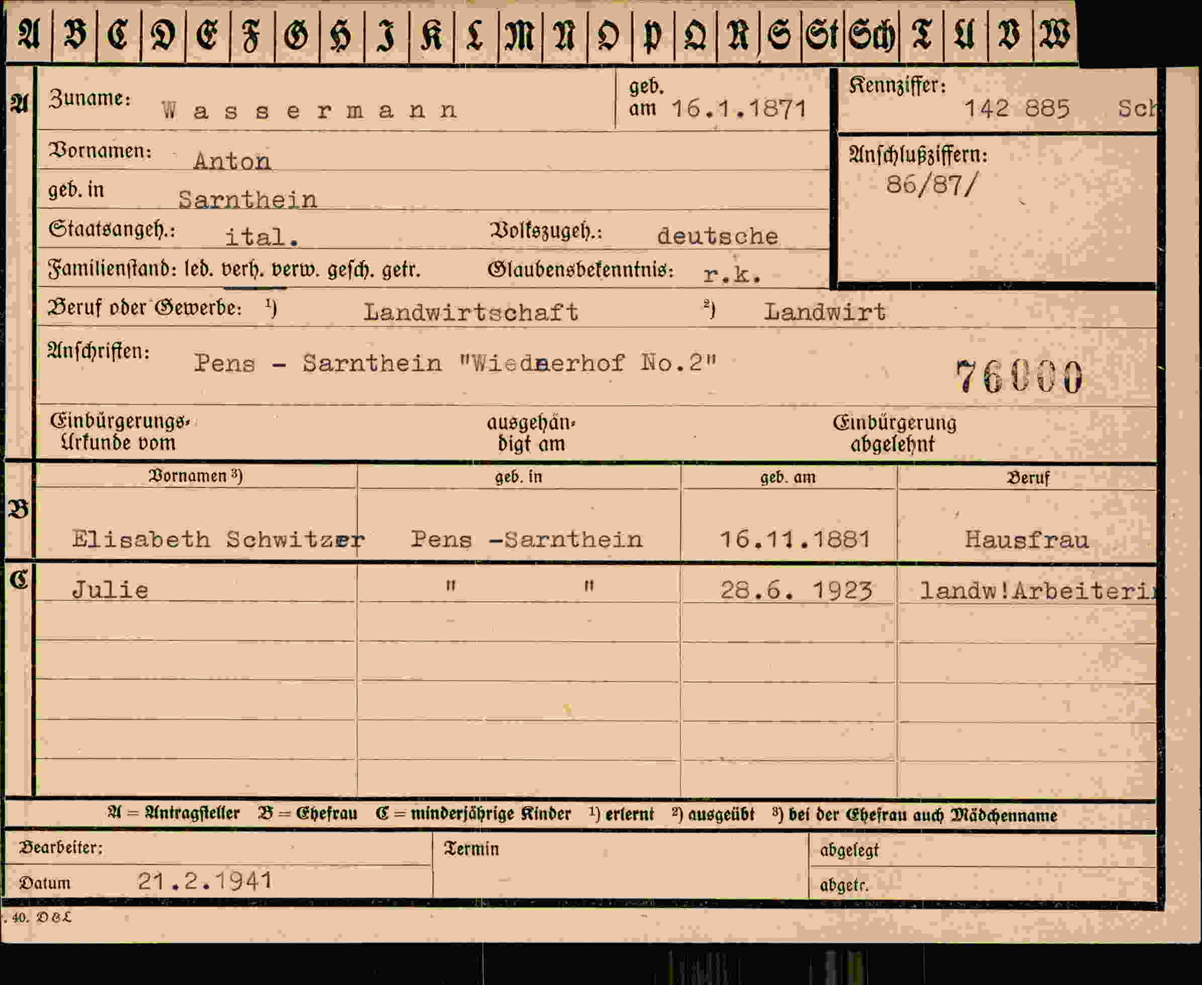 Dokument für Anton Wassermann