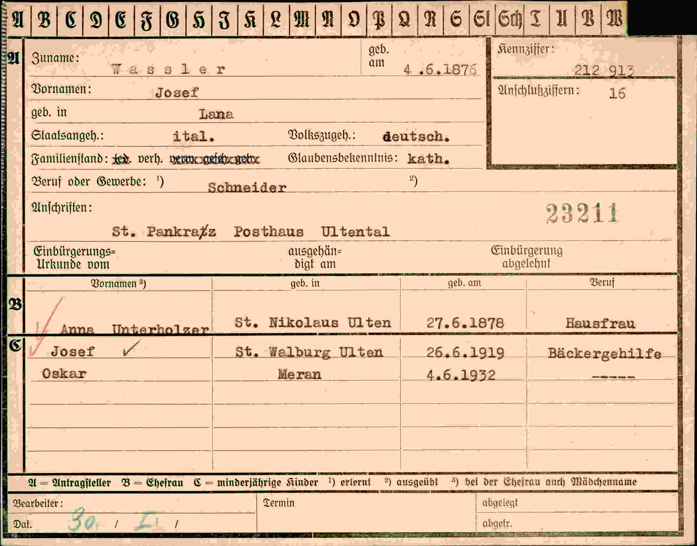 Dokument für Josef Wassler