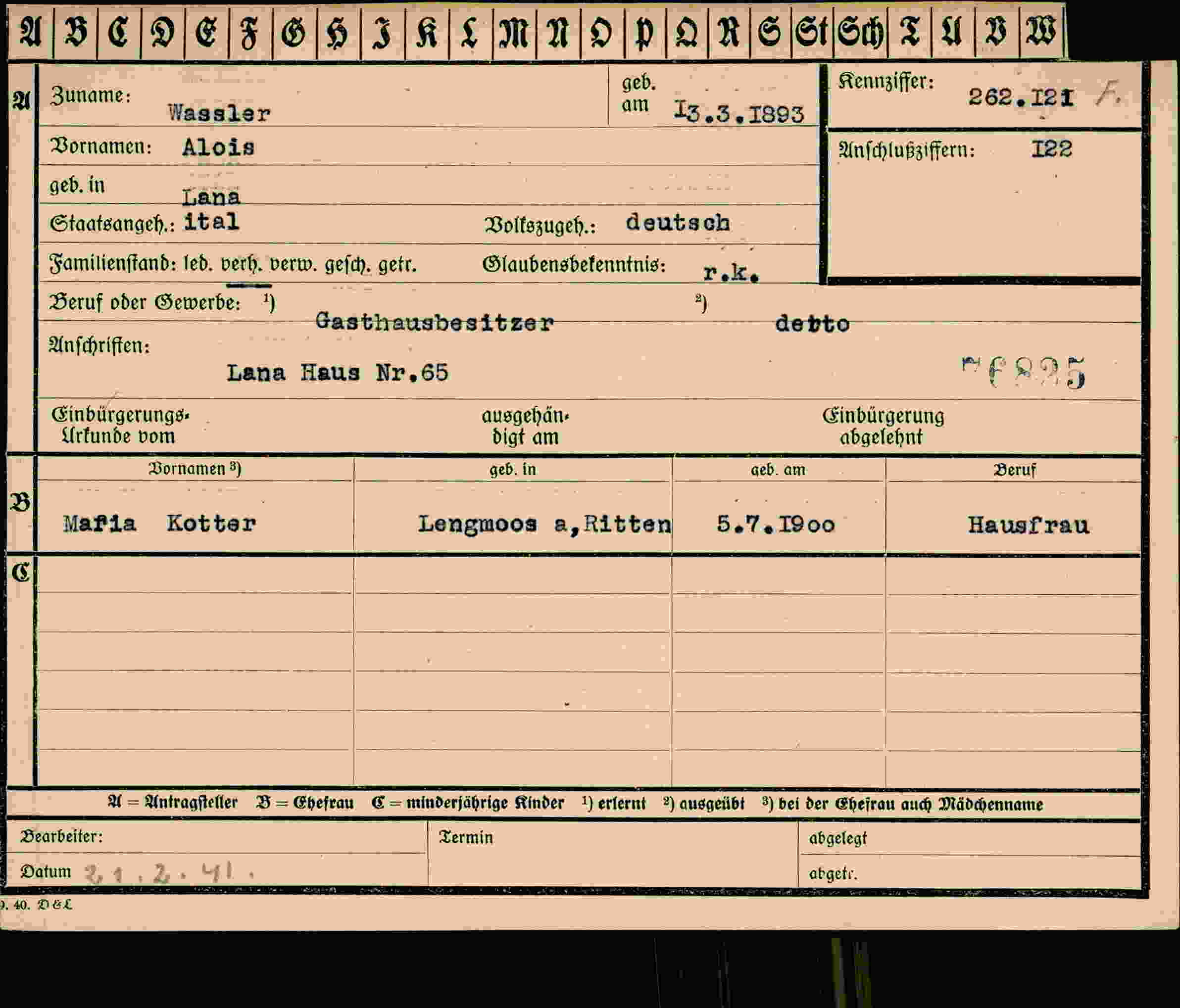 Dokument für Alois Wassler