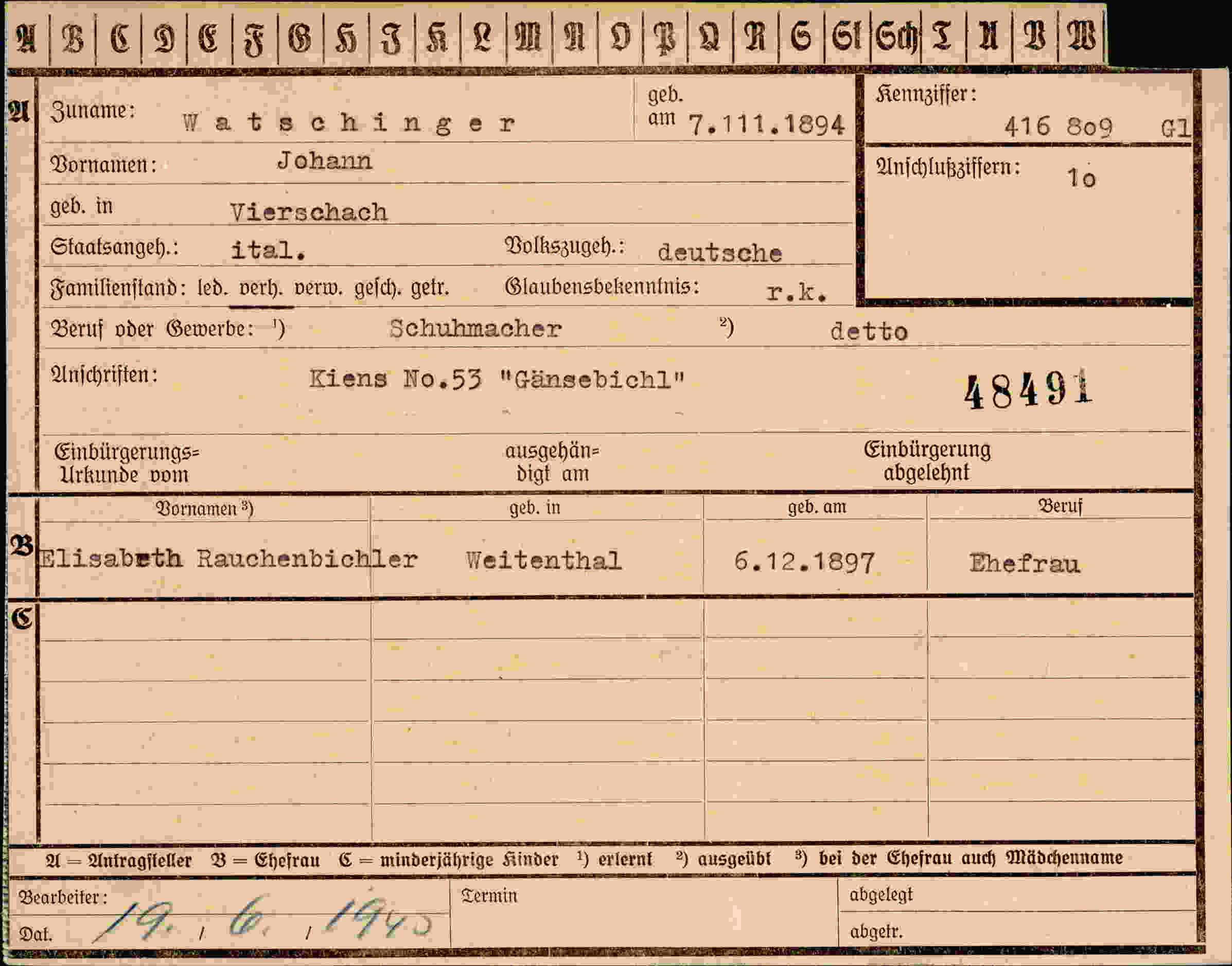 Dokument für Johann Watschinger