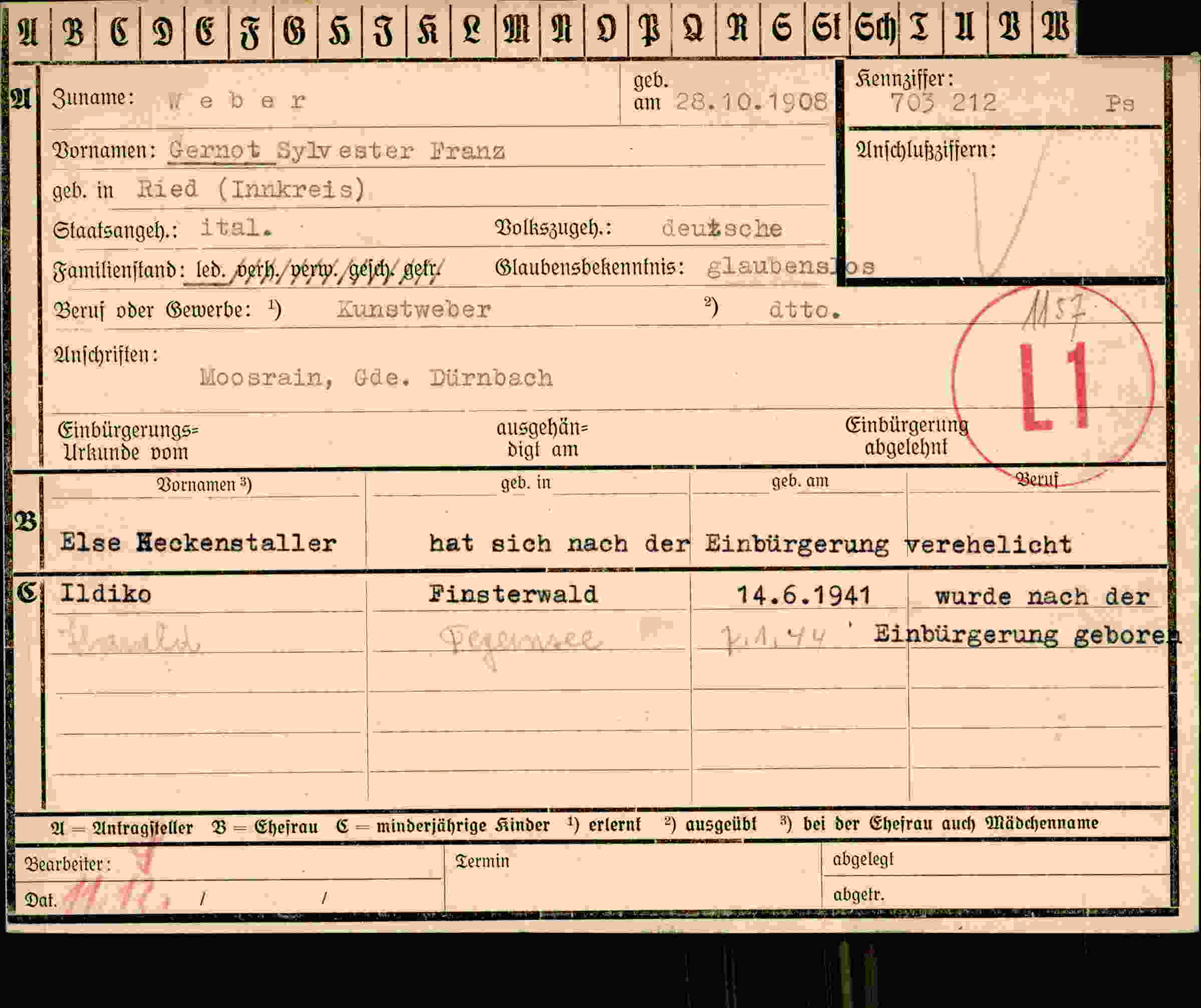Dokument für Sylvester Franz Weber