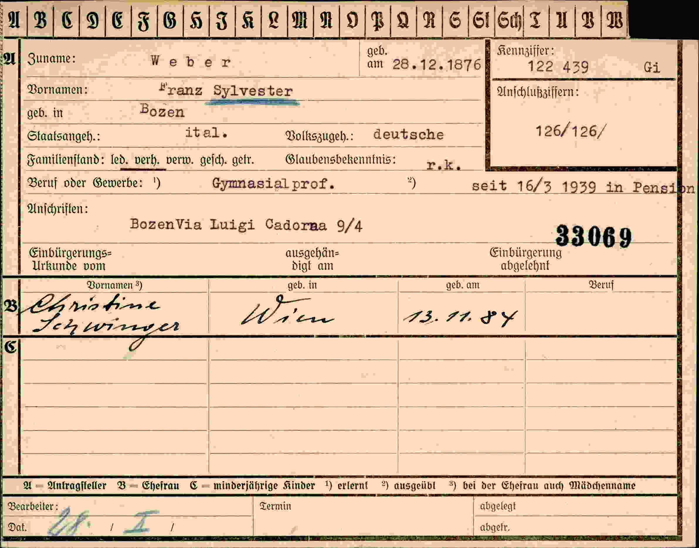 Dokument für Franz Sylvester Weber