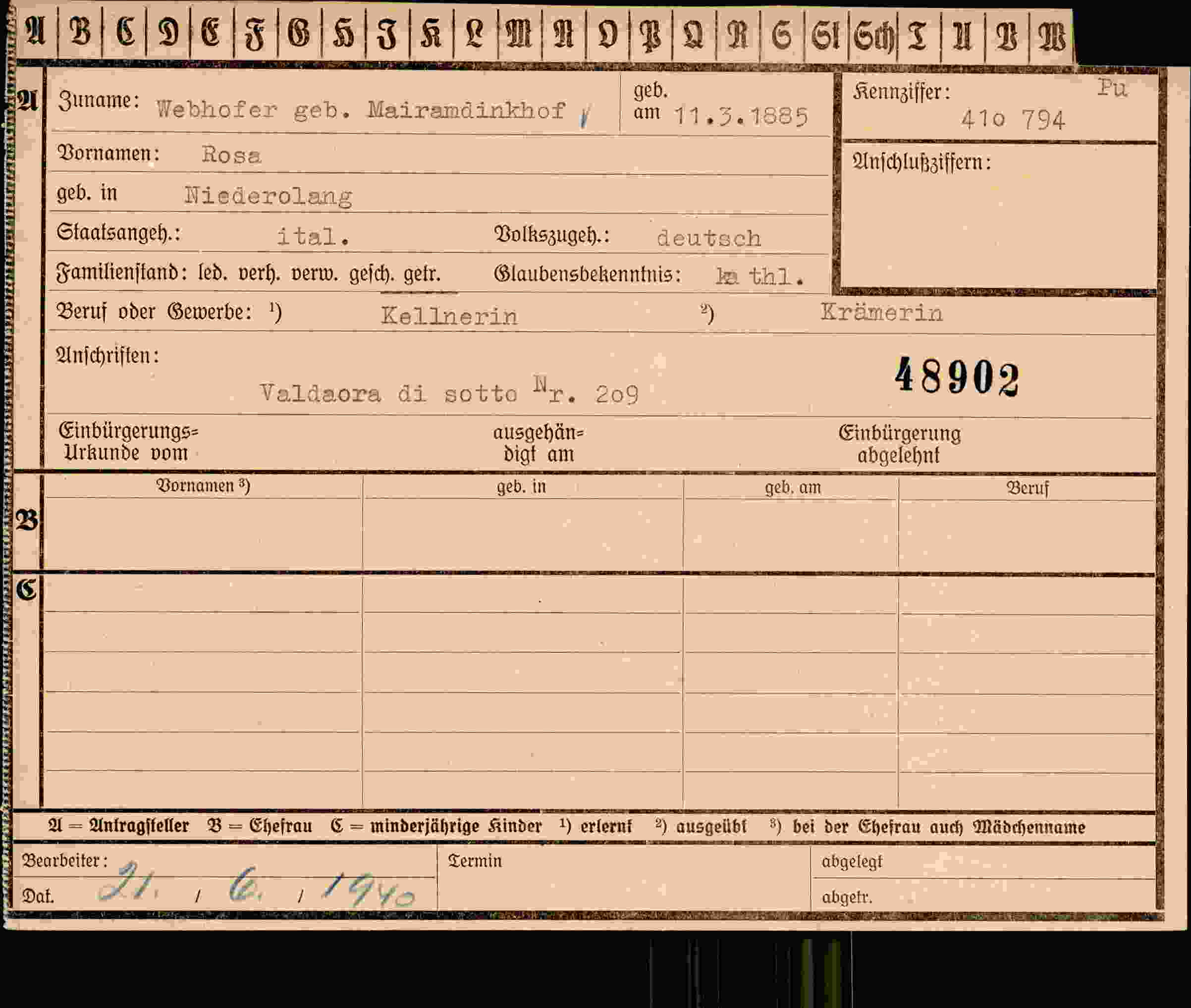 Dokument für Rosa Webhofer