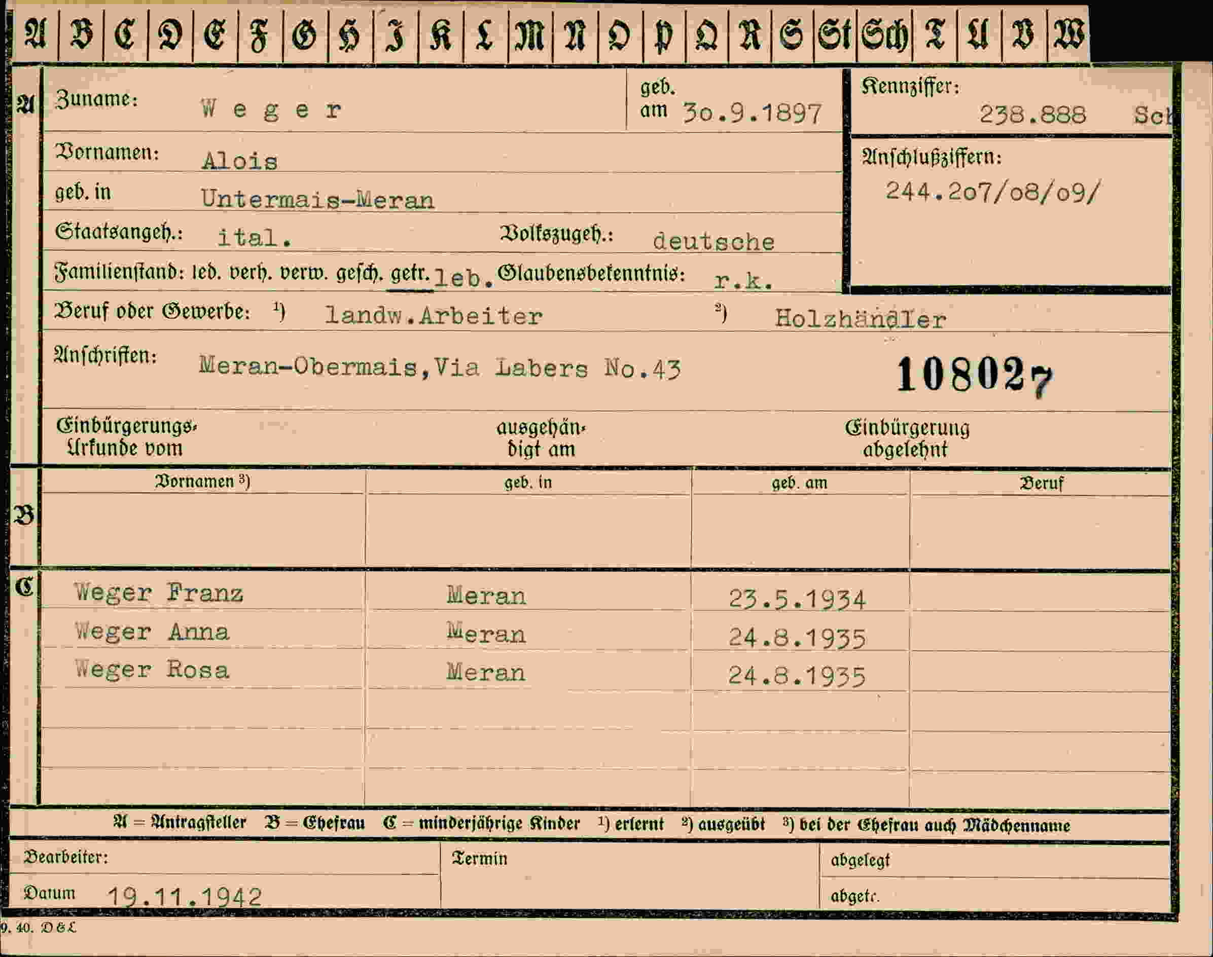 Dokument für Alois Weger
