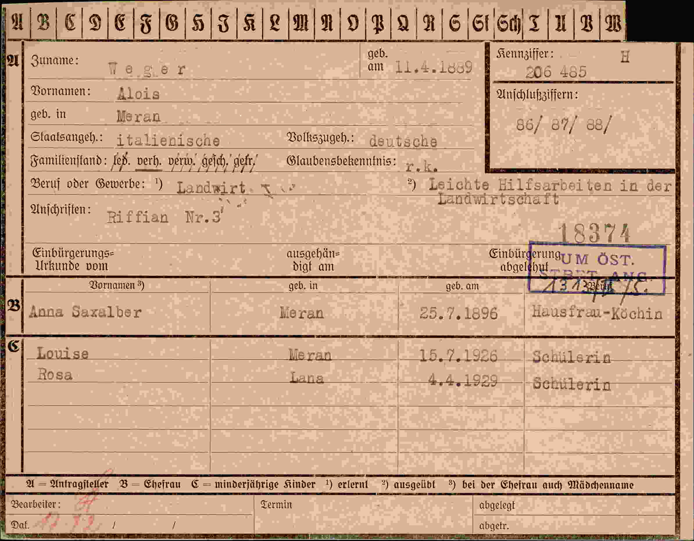 Dokument für Alois Weger