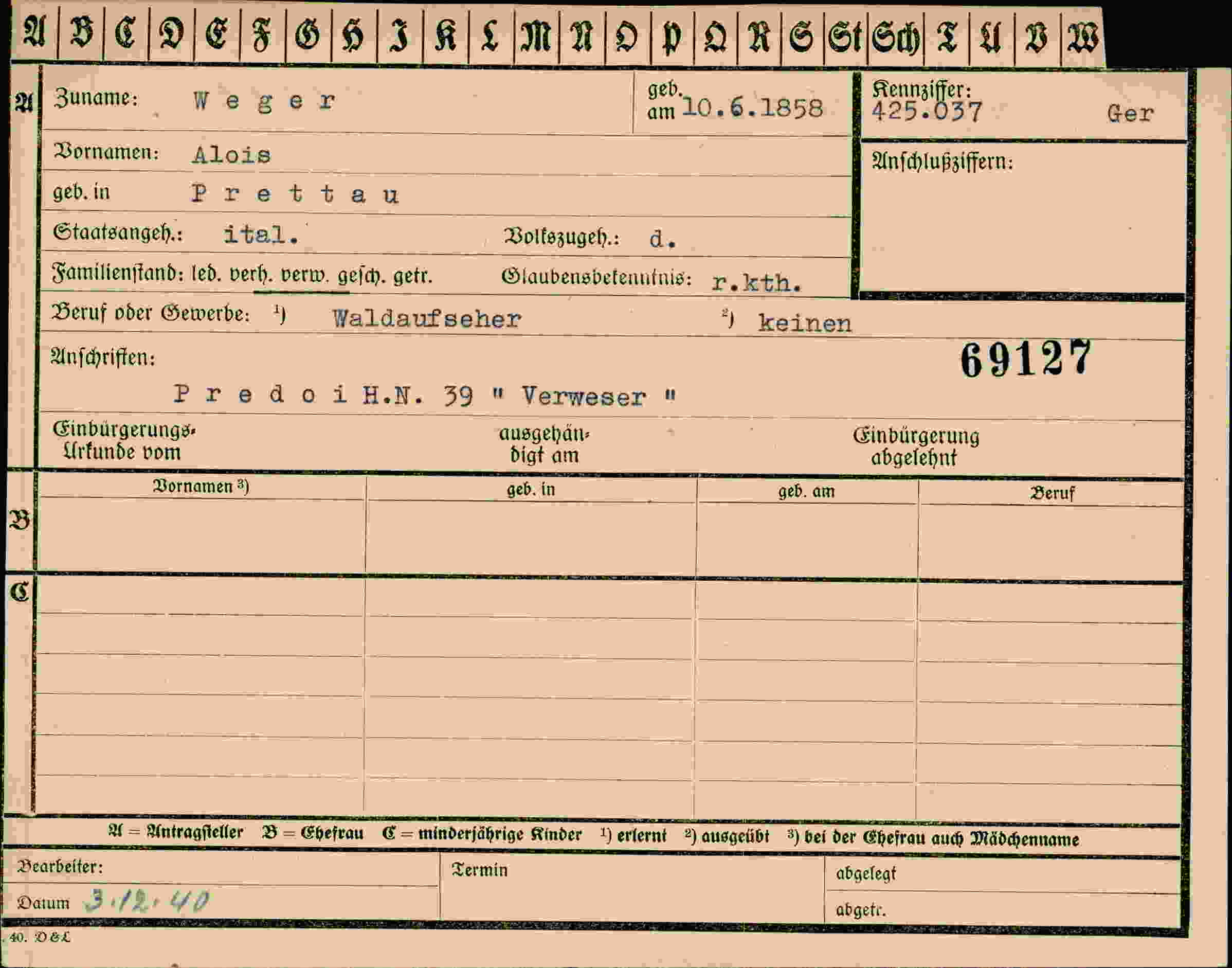 Dokument für Alois Weger