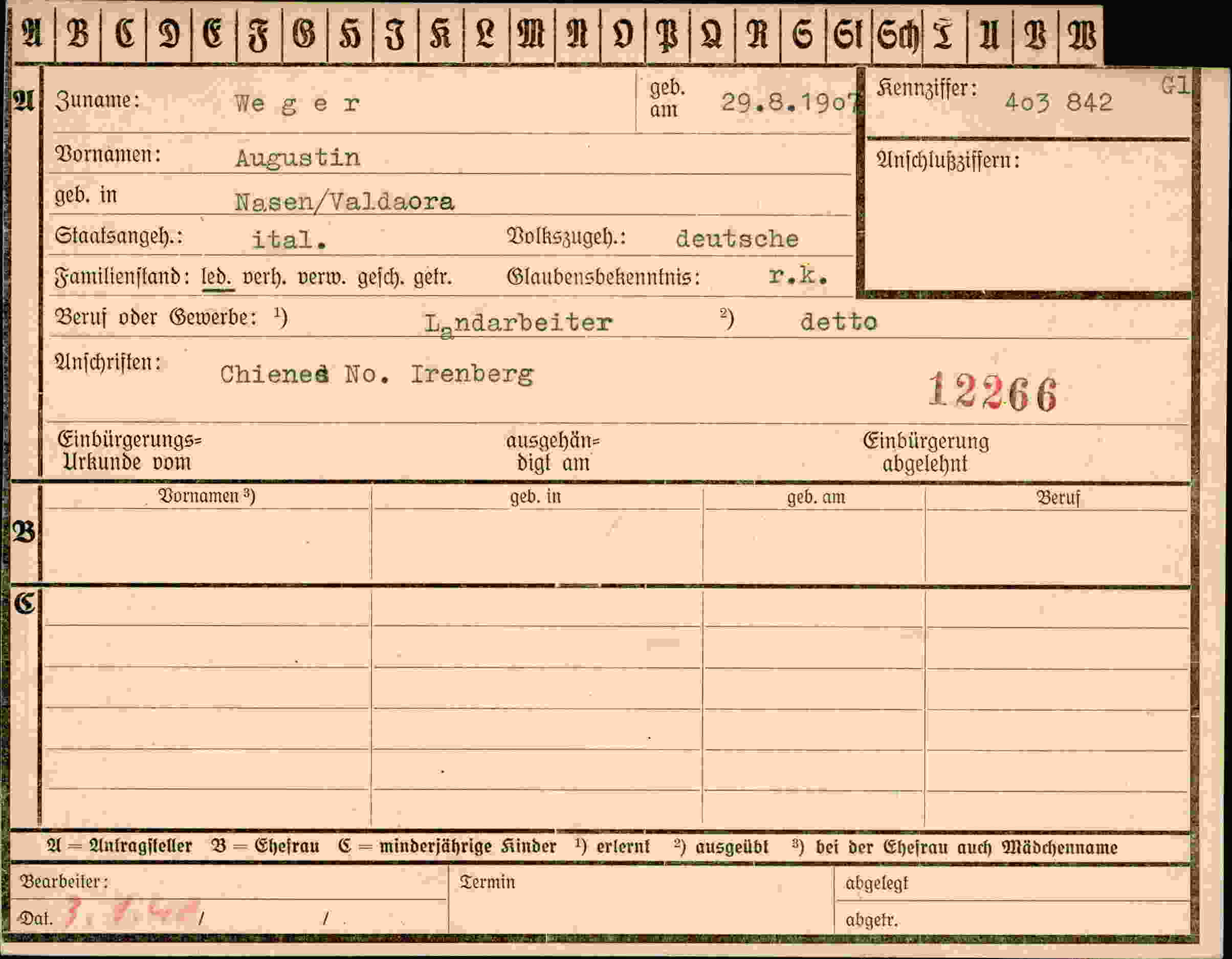 Dokument für Augustin Weger