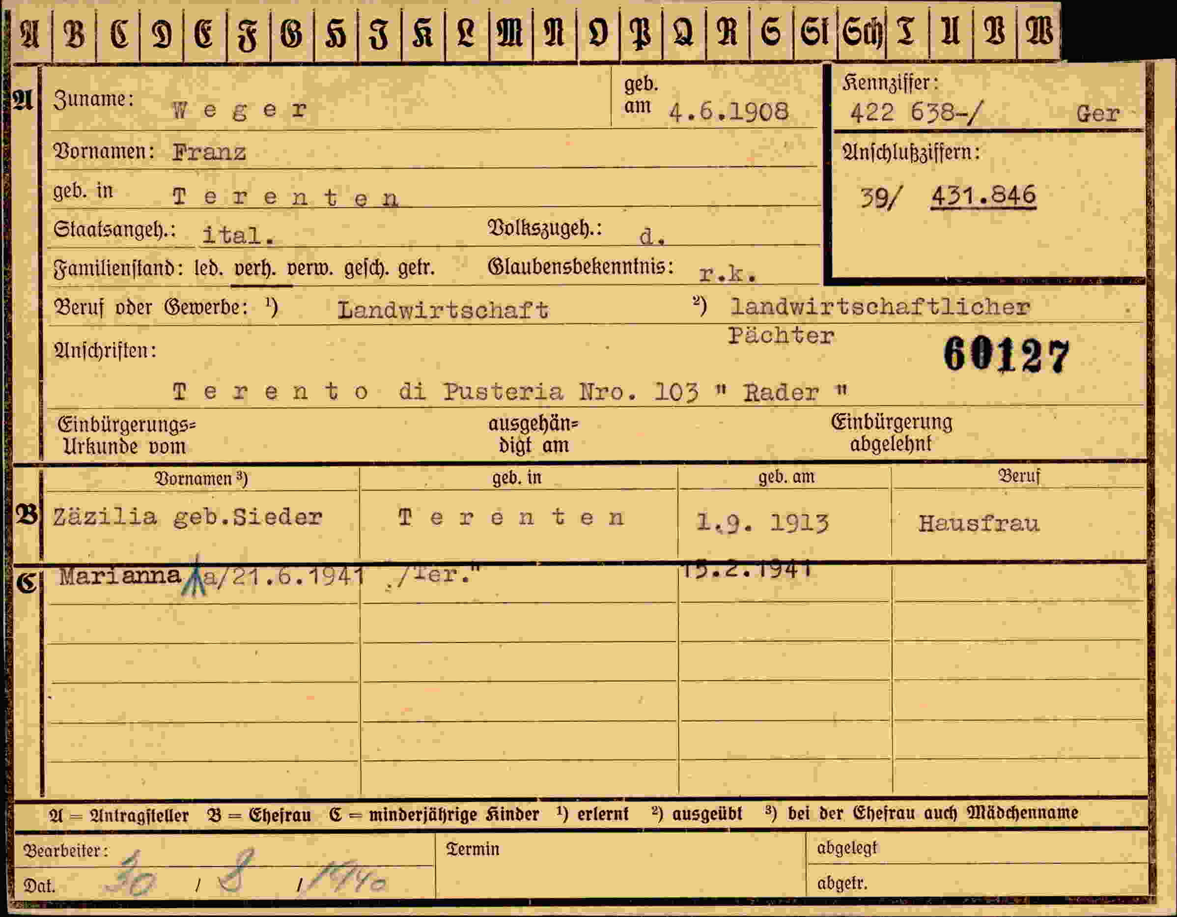 Dokument für Franz Weger