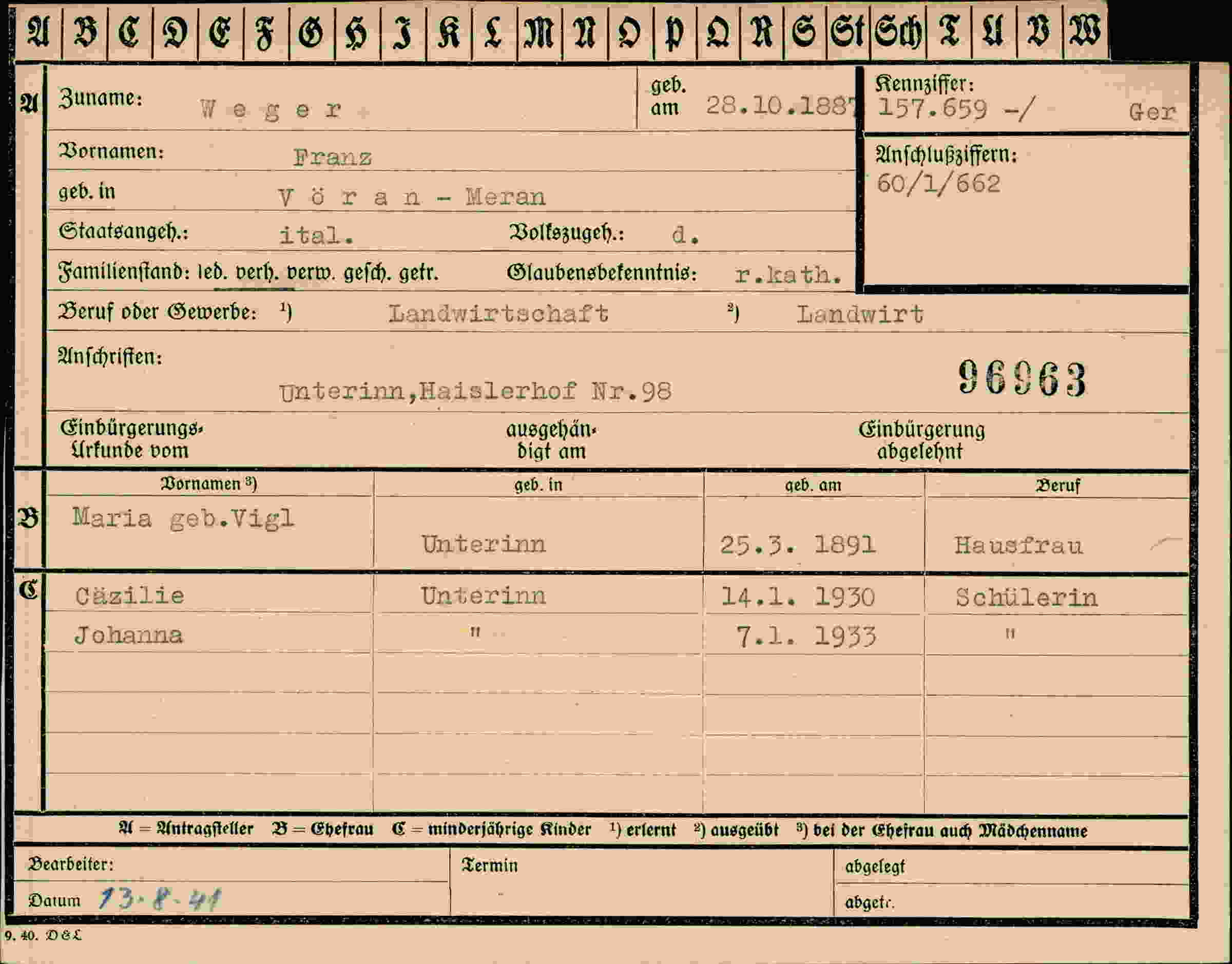 Dokument für Franz Weger