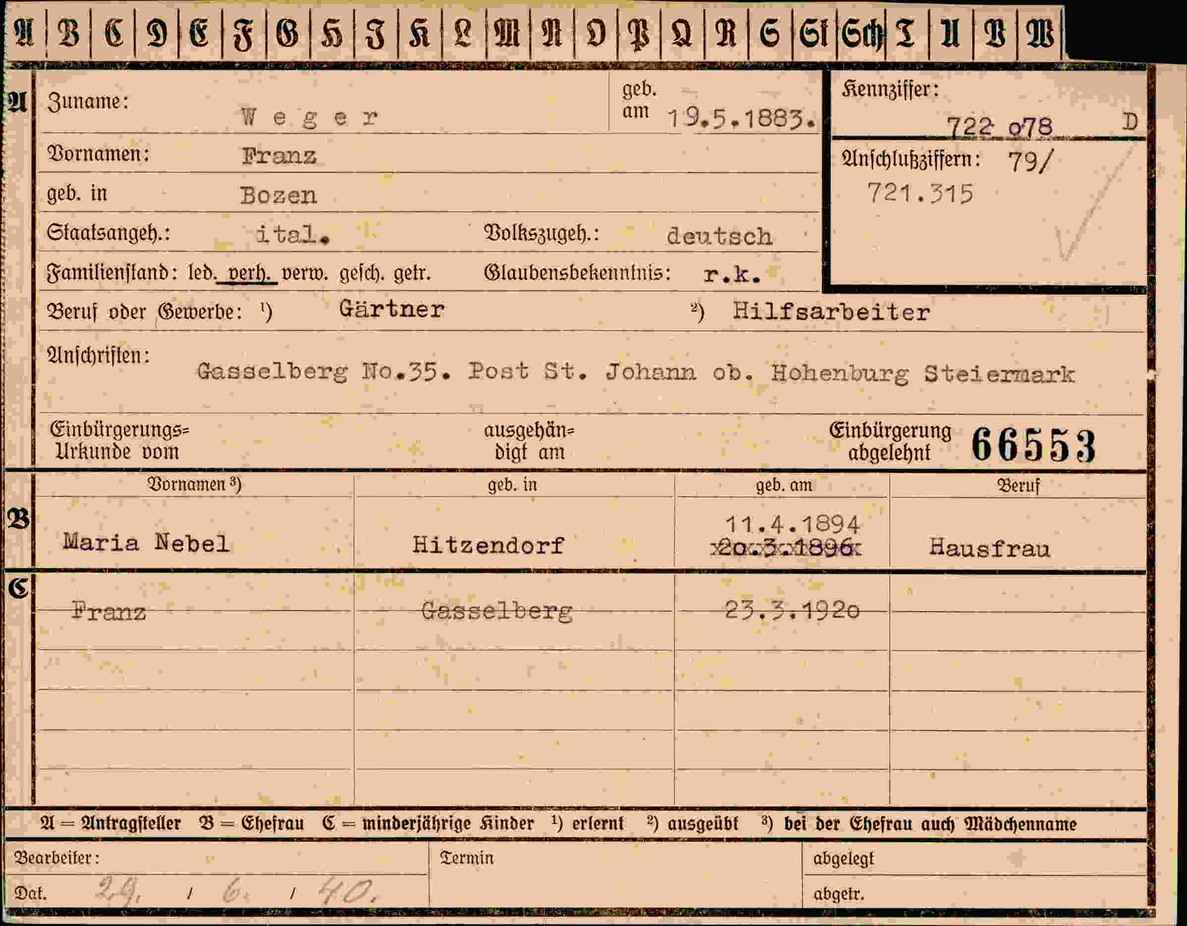 Dokument für Franz Weger