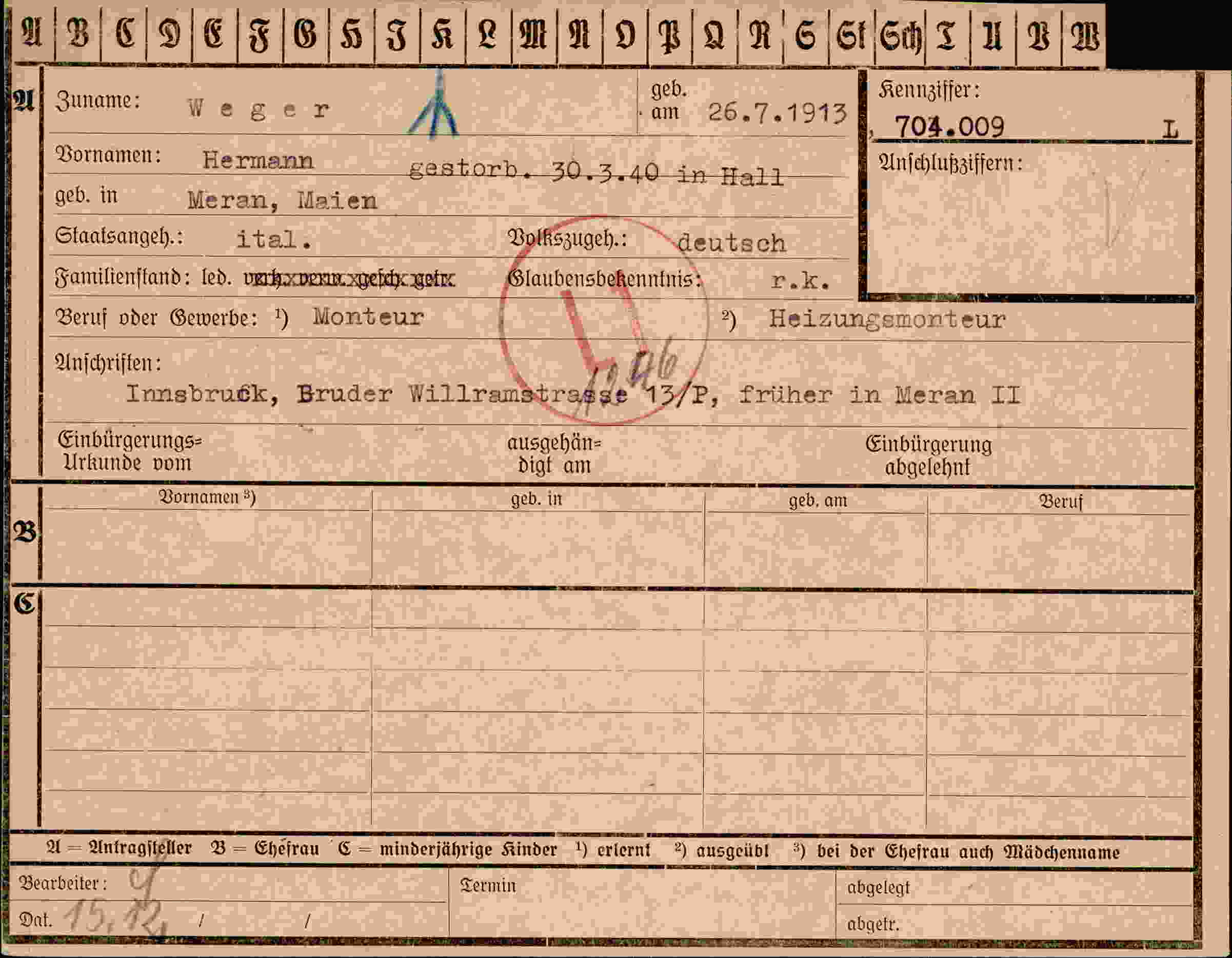 Dokument für Hermann Weger