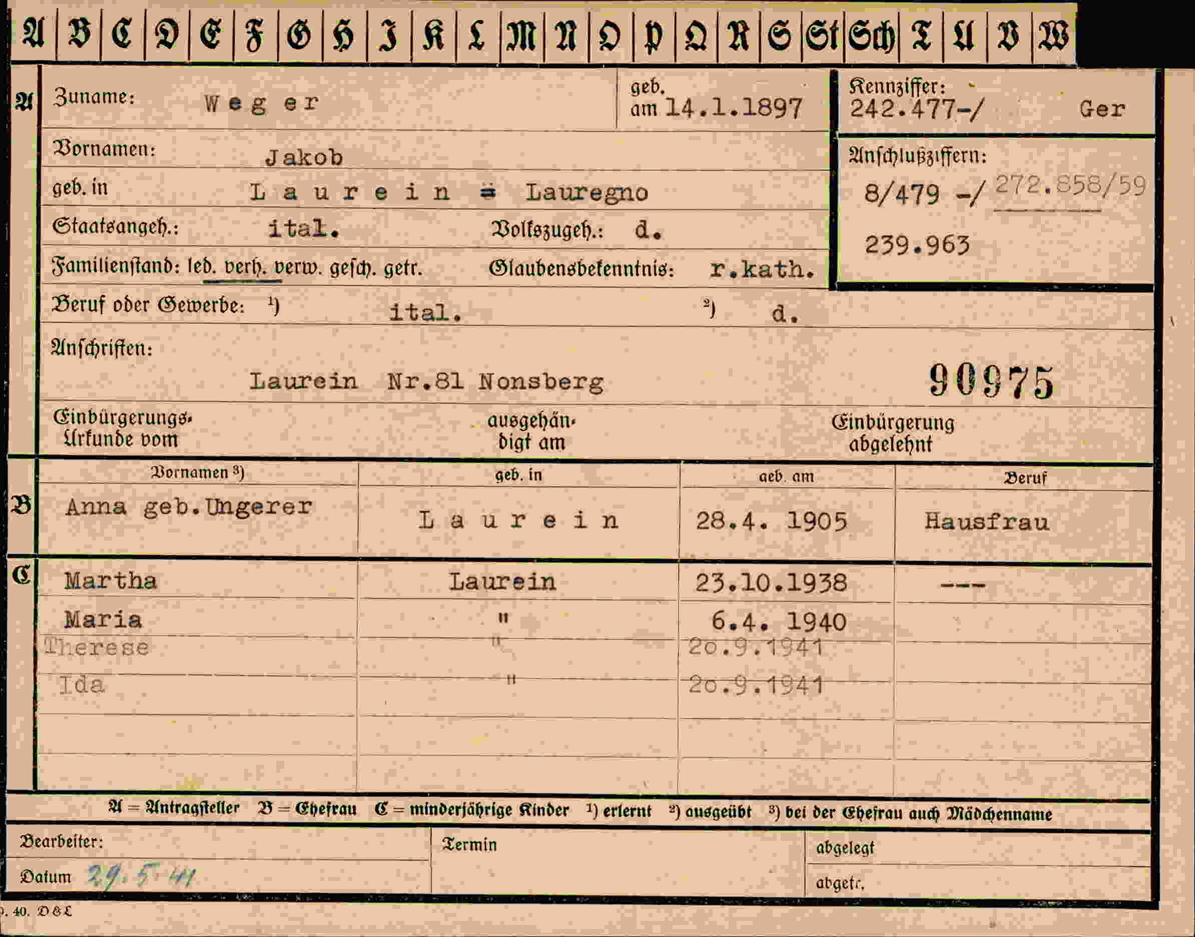 Dokument für Jakob Weger