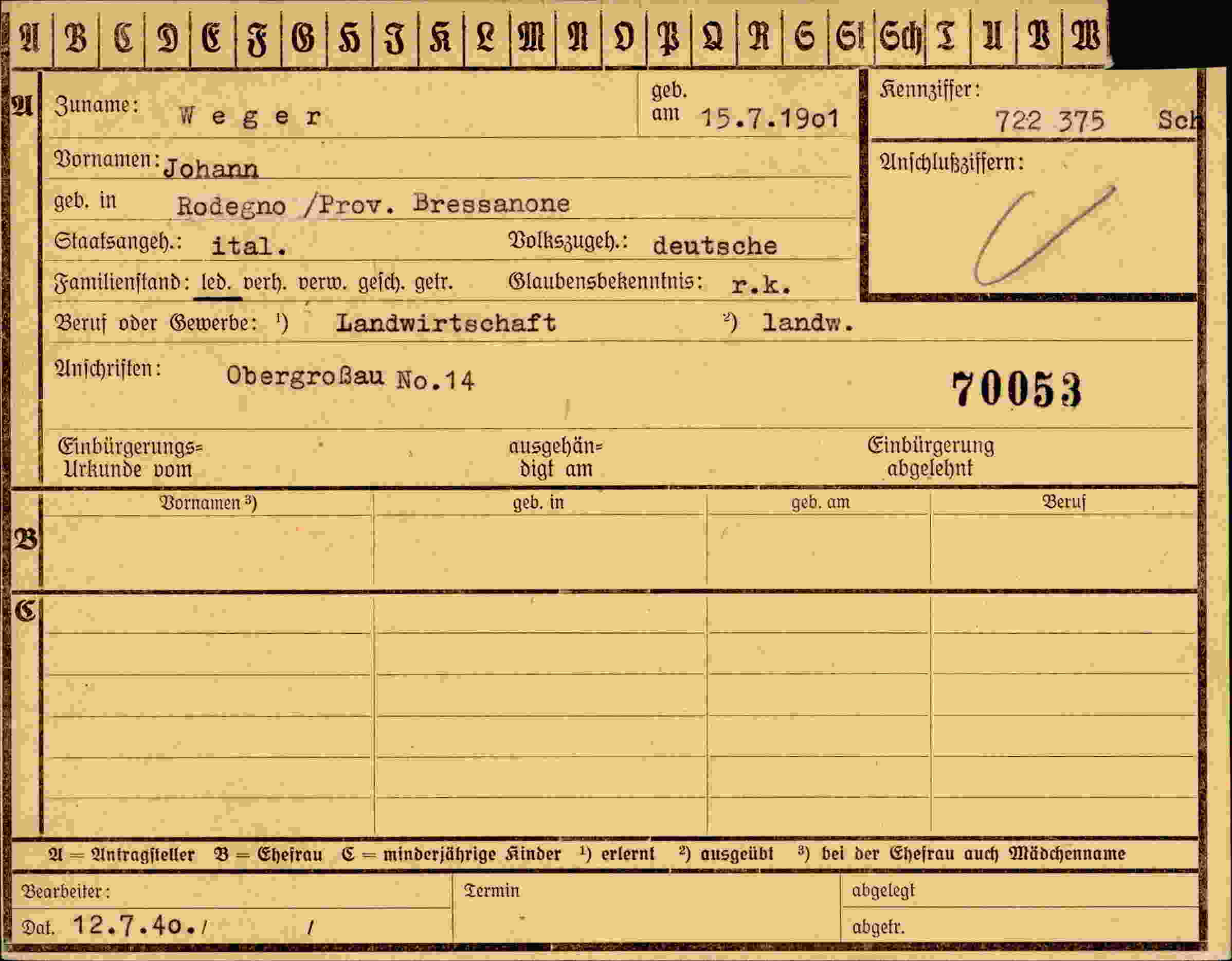 Dokument für Johan Weger