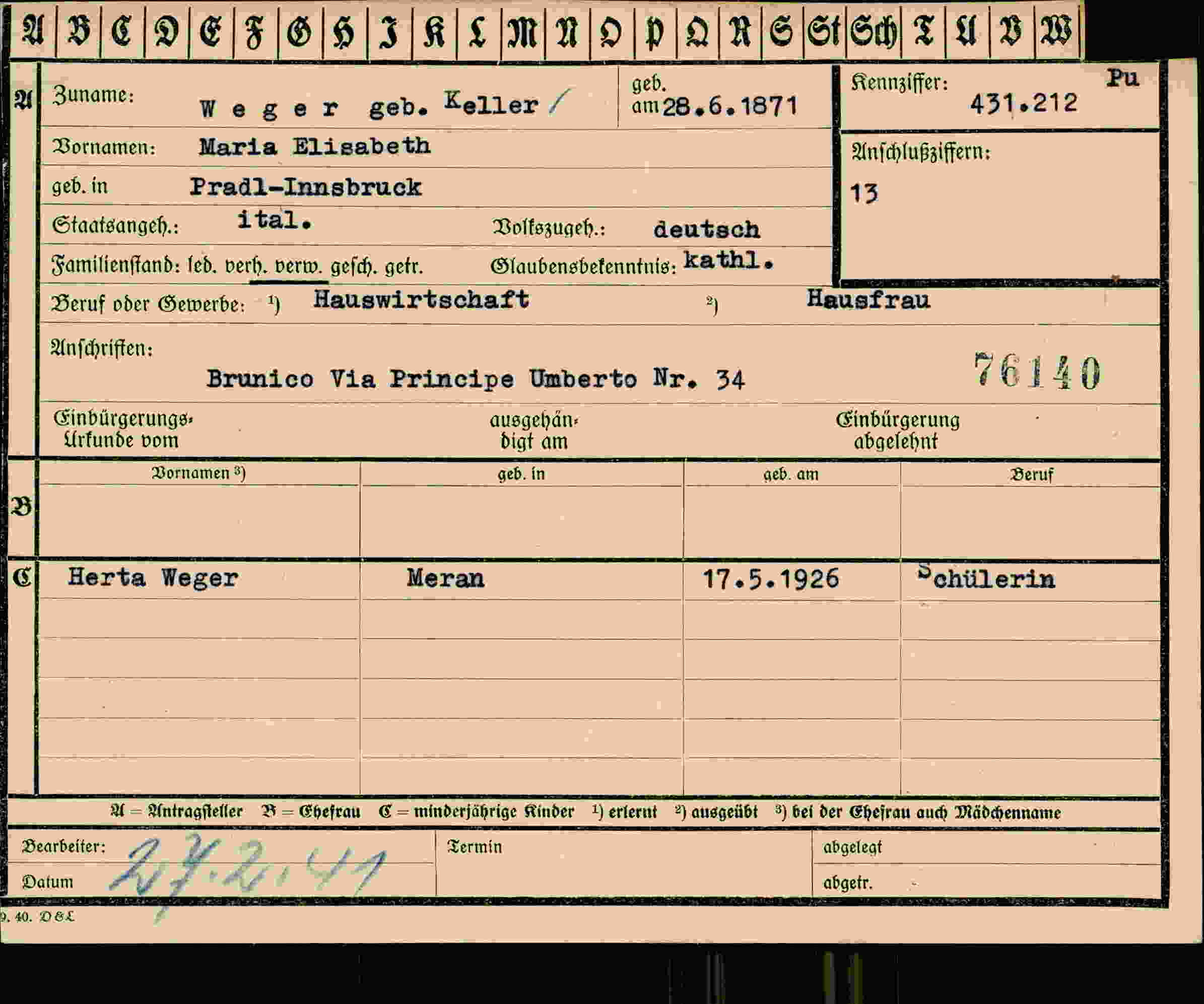 Dokument für Maria Elisabeth Weger