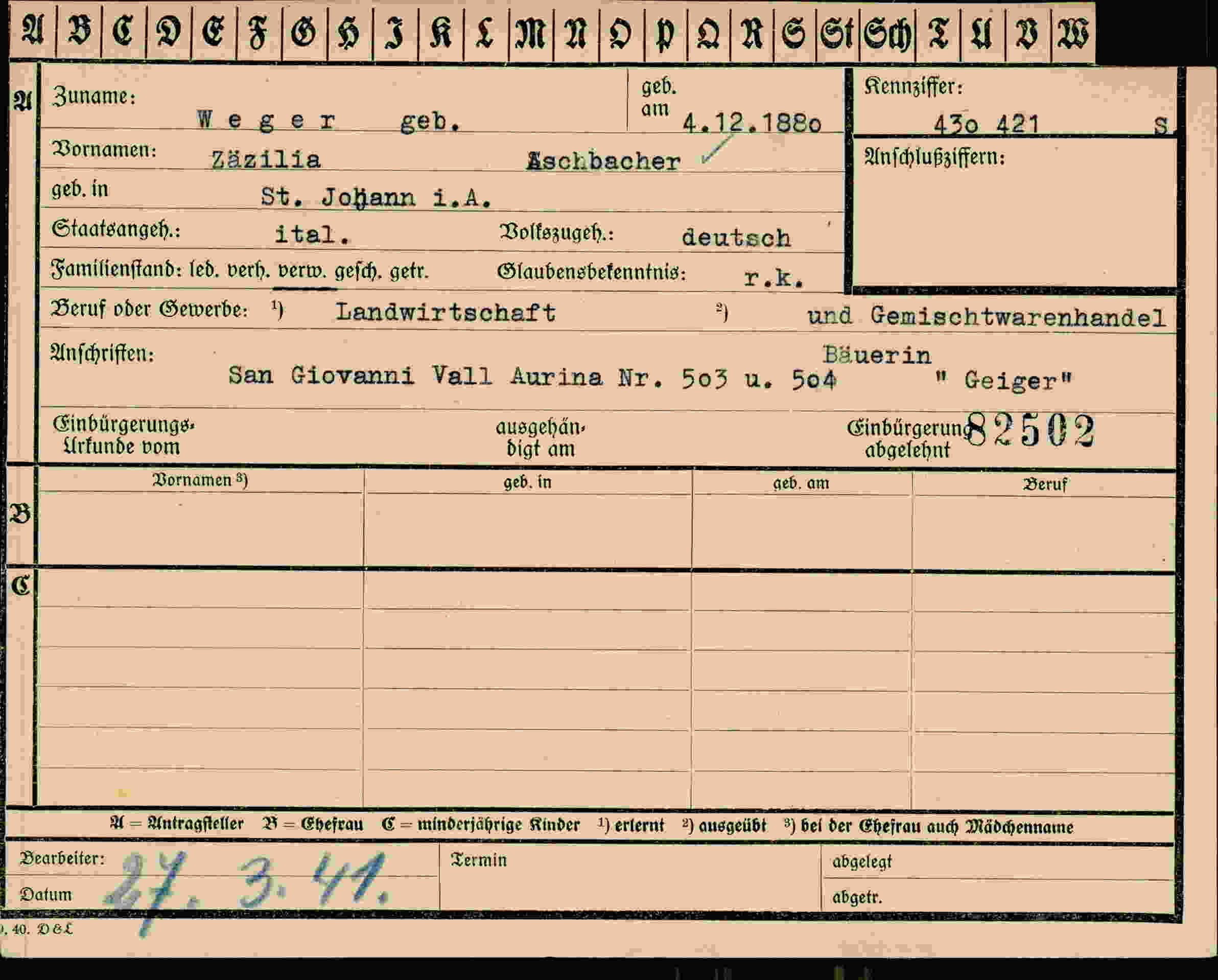 Dokument für Zäzilia Weger