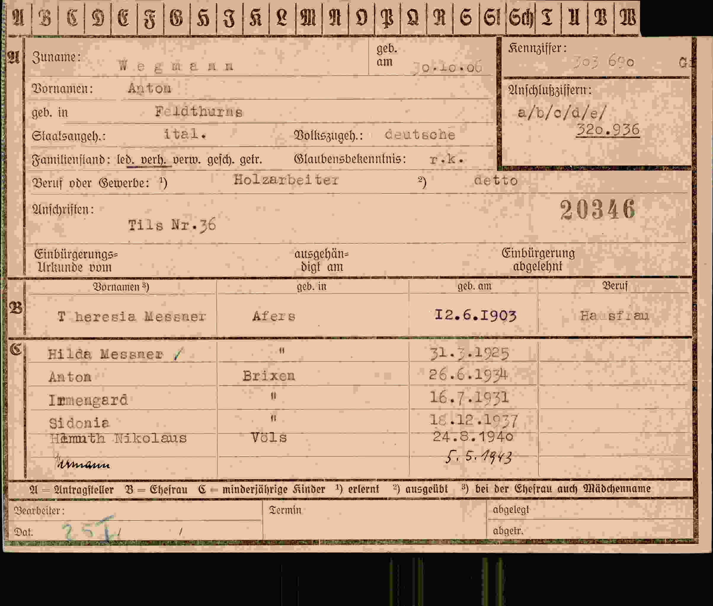 Dokument für Anton Wegmann