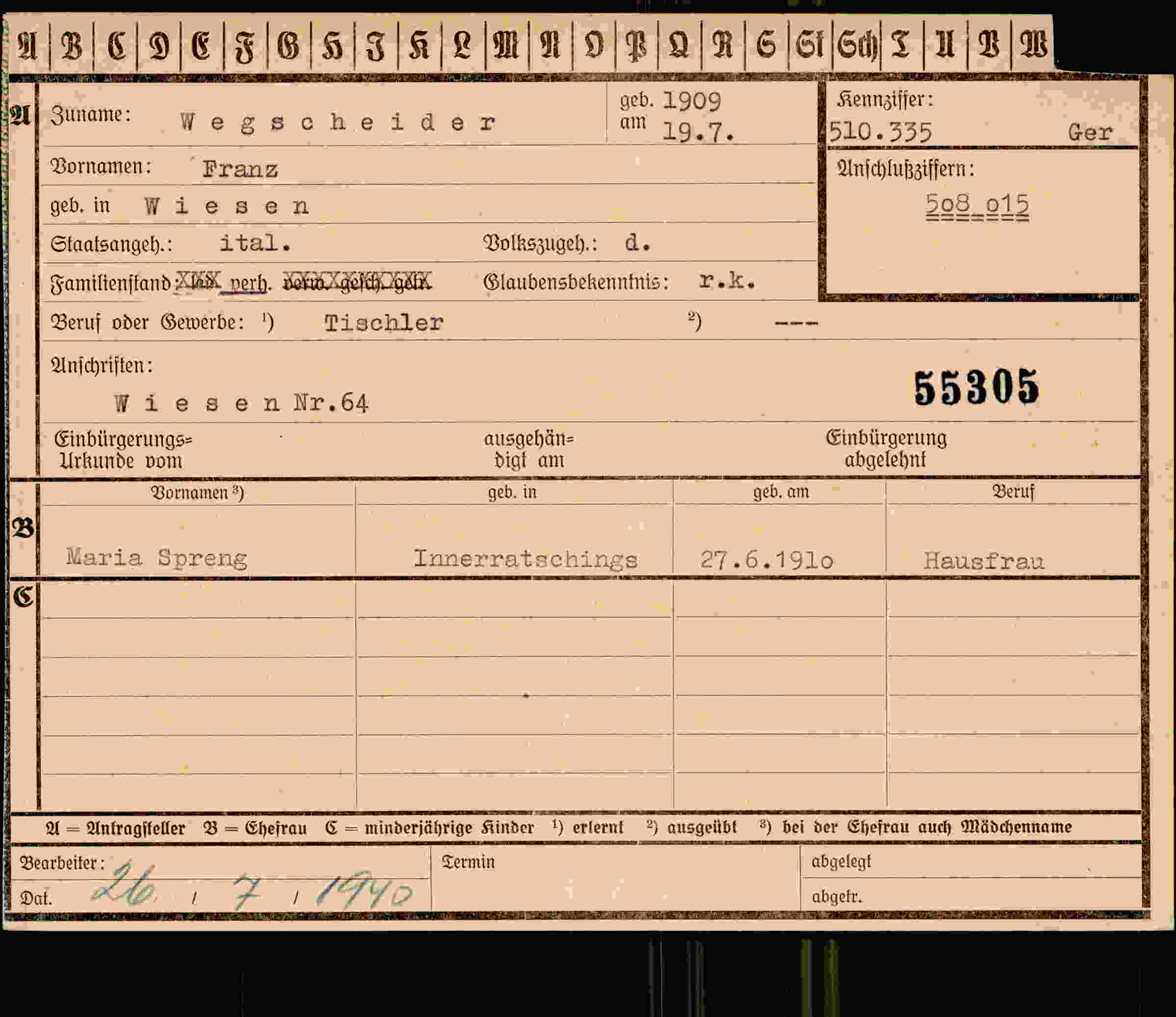 Dokument für Franz Wegscheider
