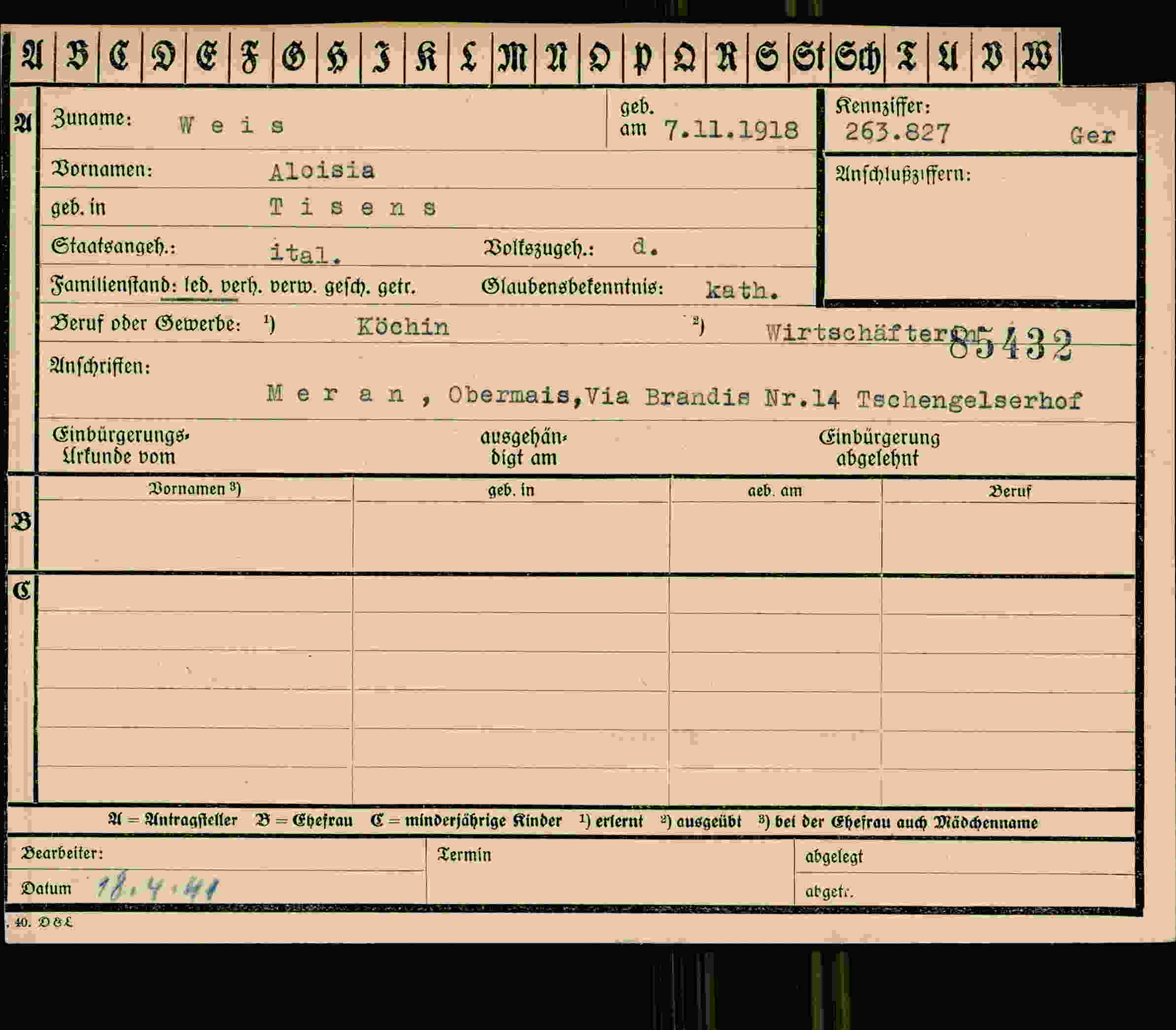 Dokument für Aloisia Weis